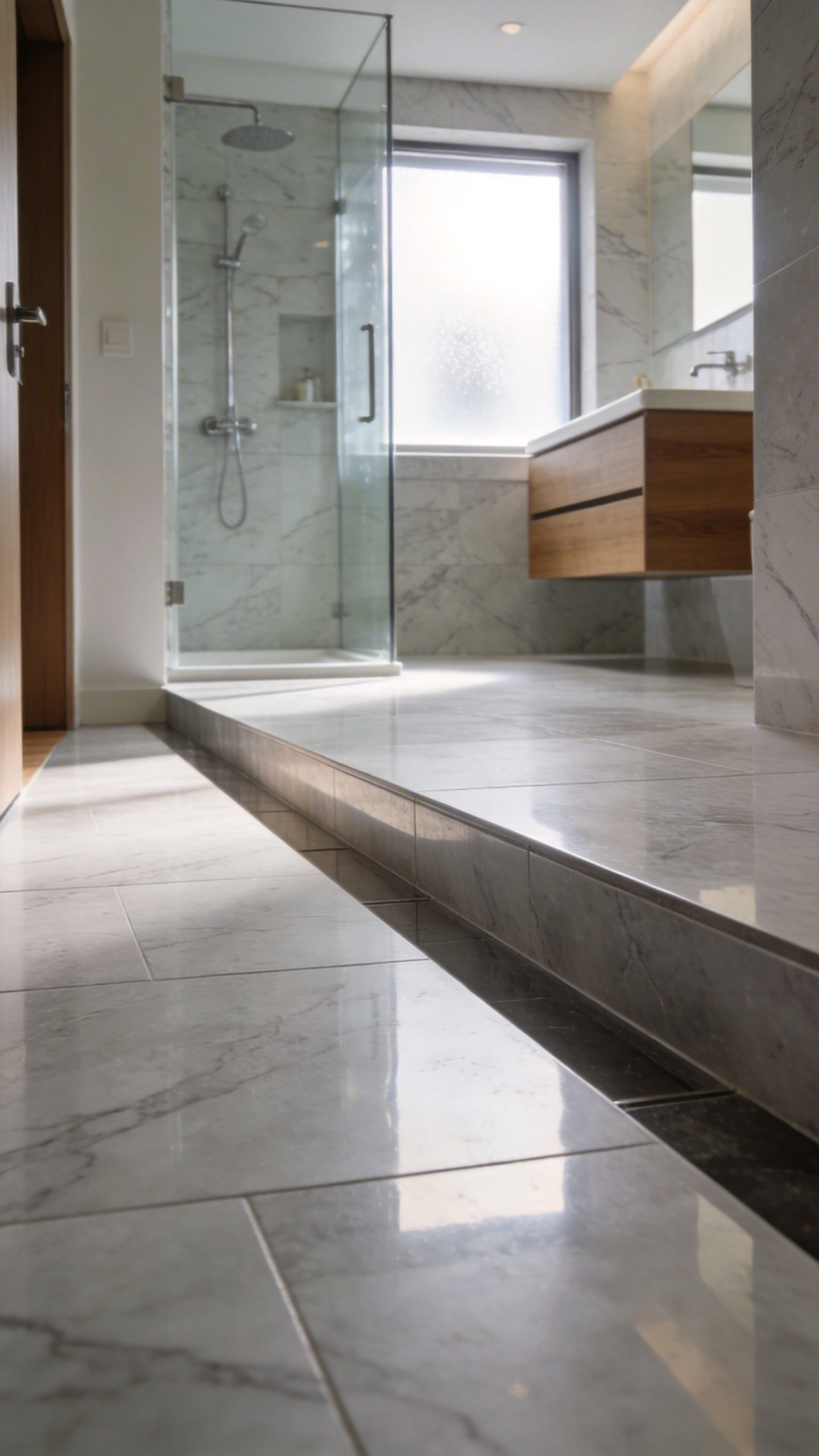 A seamless floor transition between a hallway and a modern bathroom with large-format marble tiles and no doorway threshold.