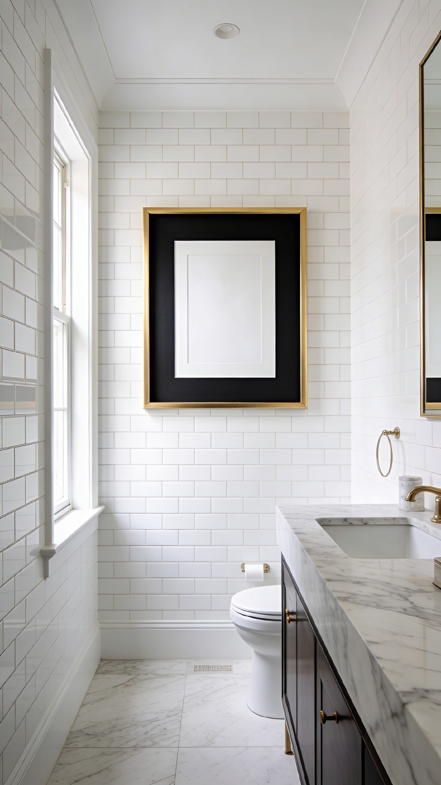 A bright white bathroom wall featuring a professional art piece with thick black matting and a white print in a gold frame.