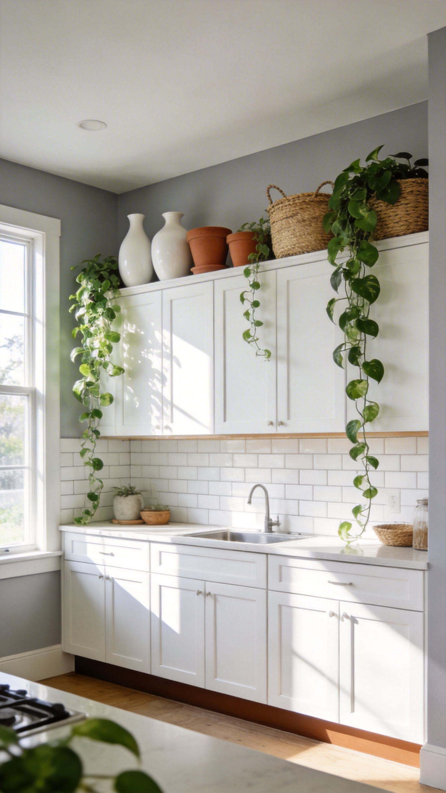 A modern kitchen with white cabinets featuring a curated collection of ceramic vases and woven baskets in the space above the cabinetry to create visual height.