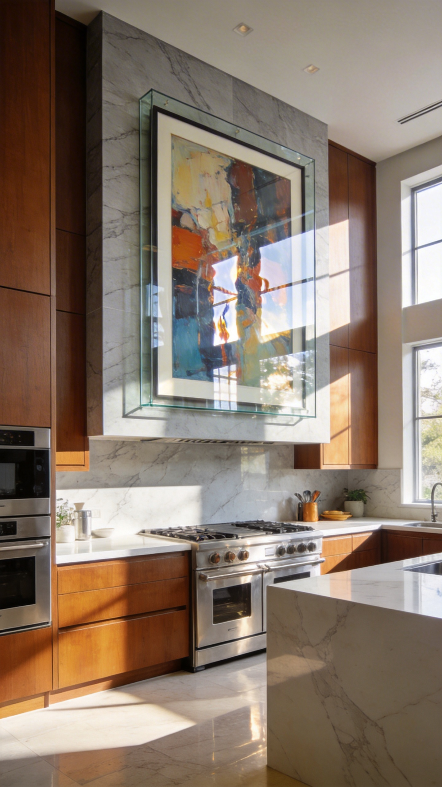 A professionally framed abstract painting with protective glazing mounted on a marble kitchen wall above a quartz countertop.