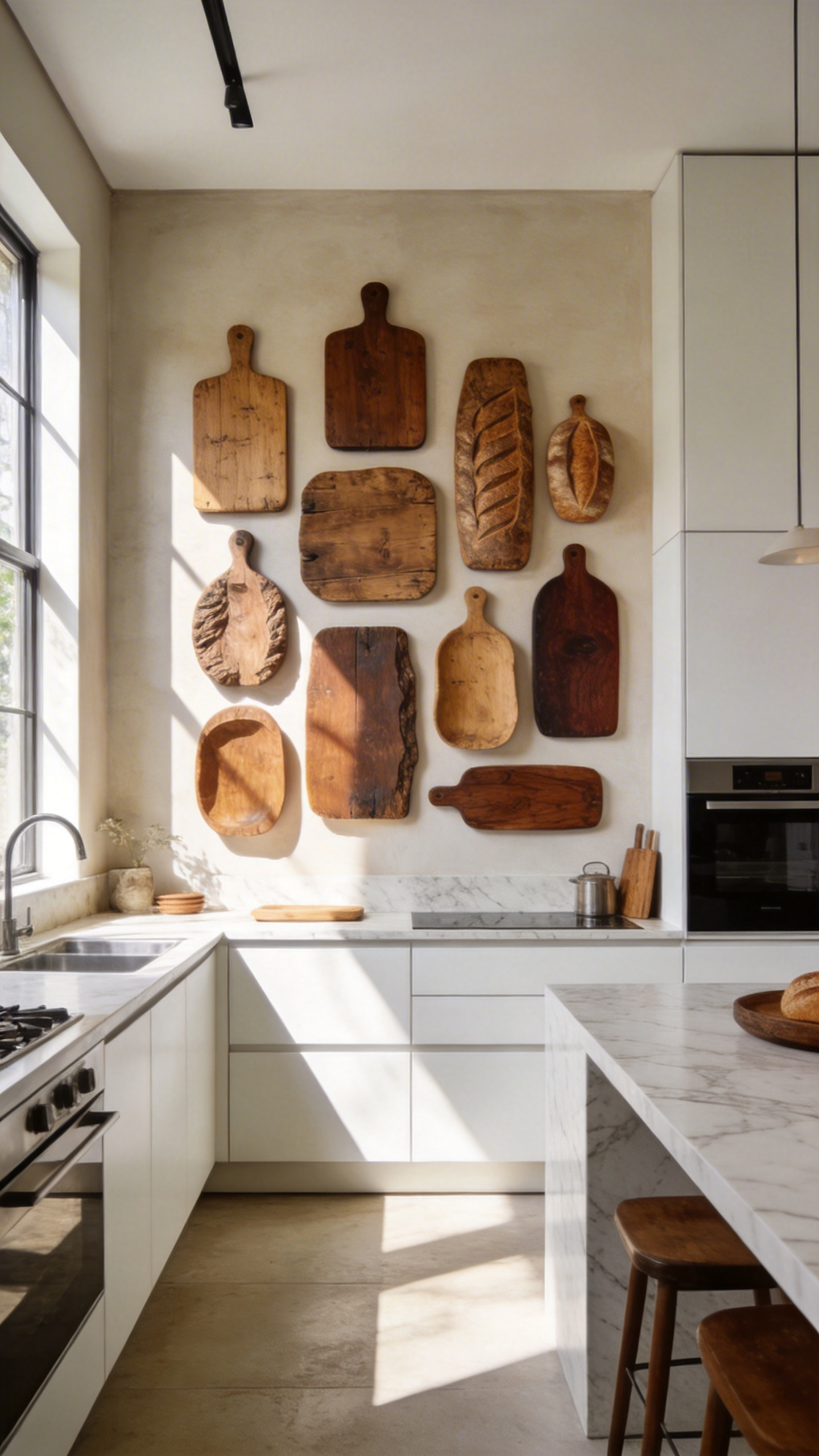 A bright open-concept kitchen featuring a display of rustic wooden breadboards on the wall to add warmth to the modern stone and cabinet surfaces.