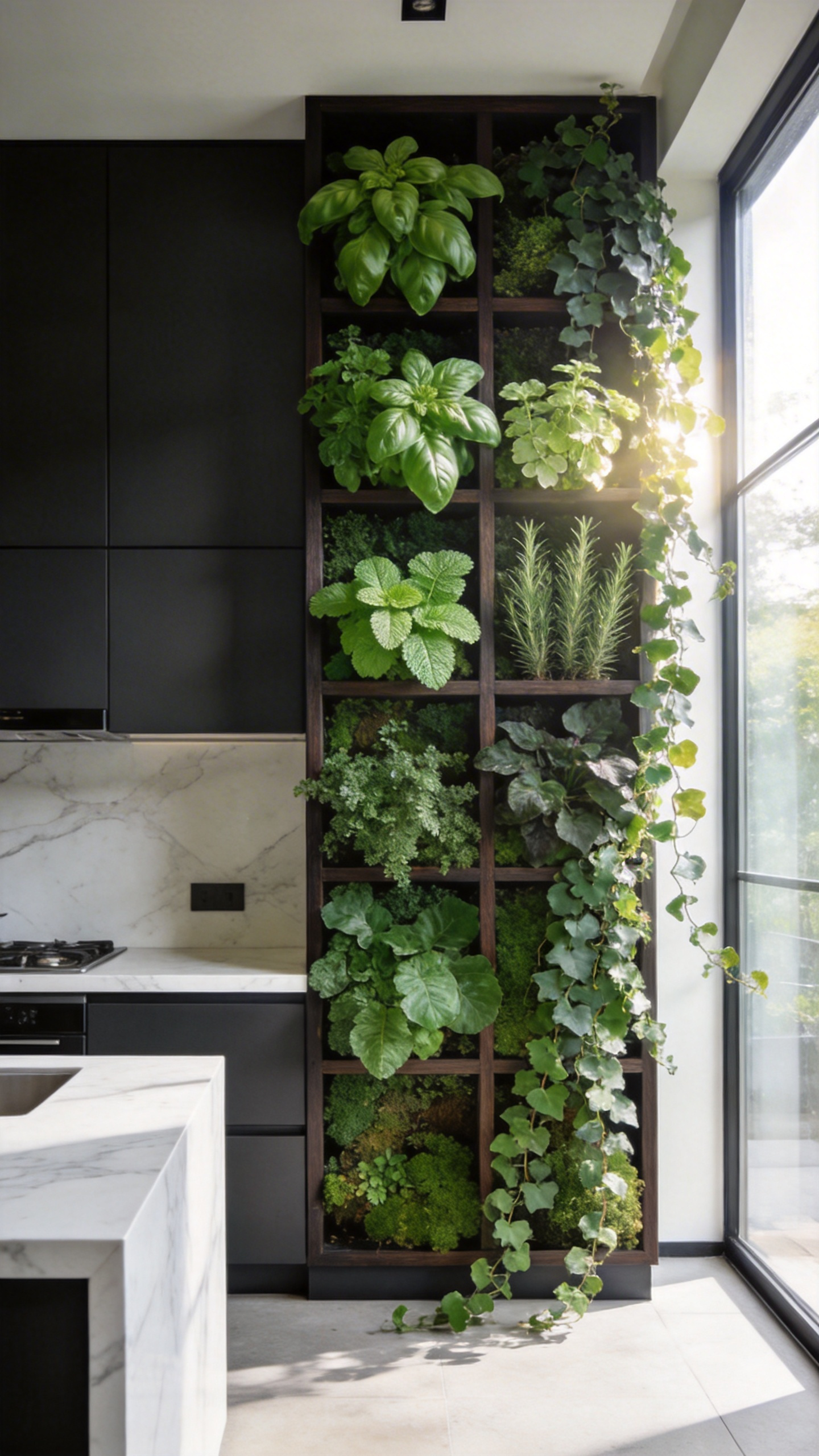 A modern kitchen interior with a large vertical herb garden built into the wall cabinetry as a form of living botanical decor.