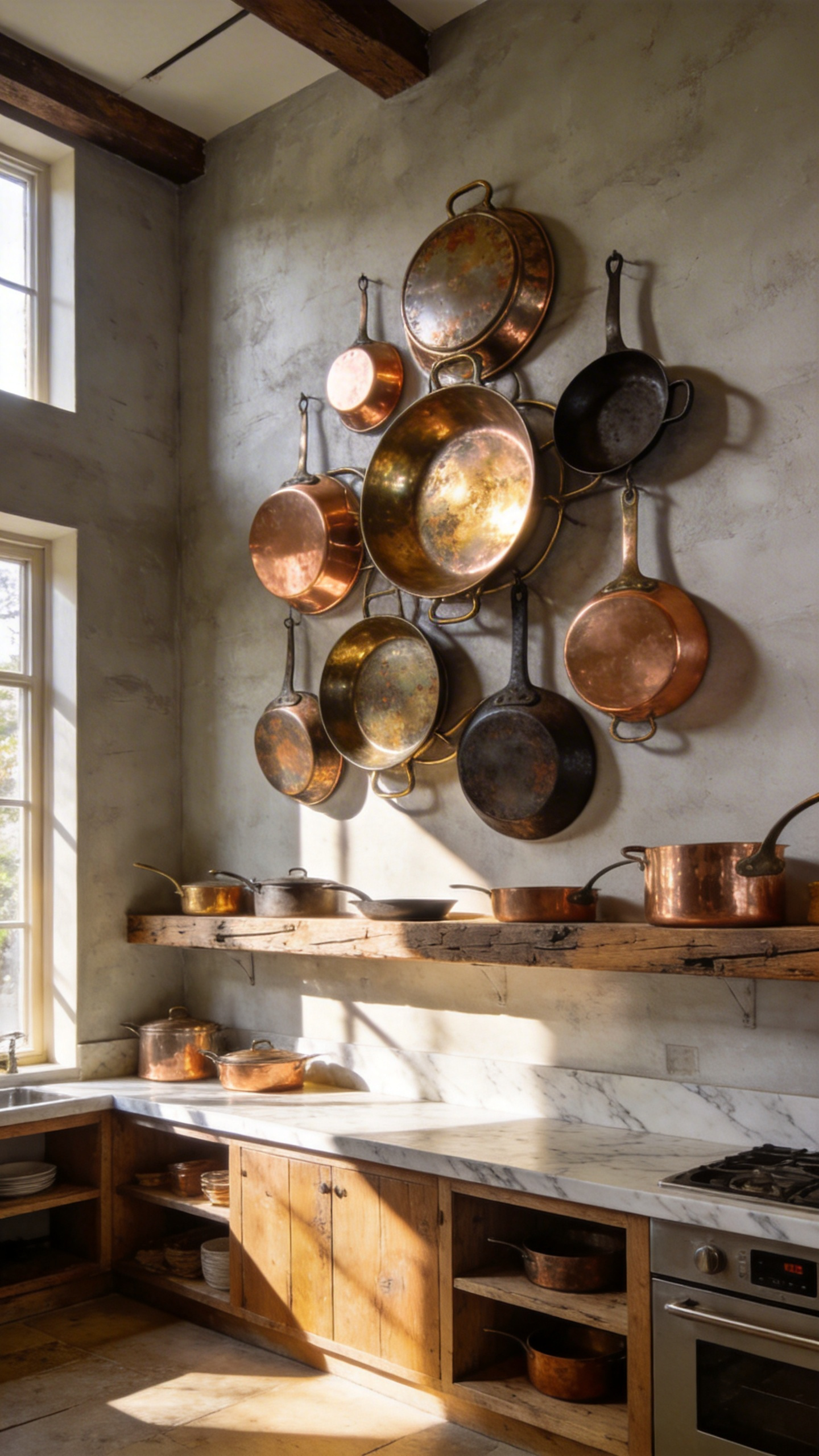 A collection of vintage copper and cast iron pans hanging as decorative wall art in a bright modern kitchen.