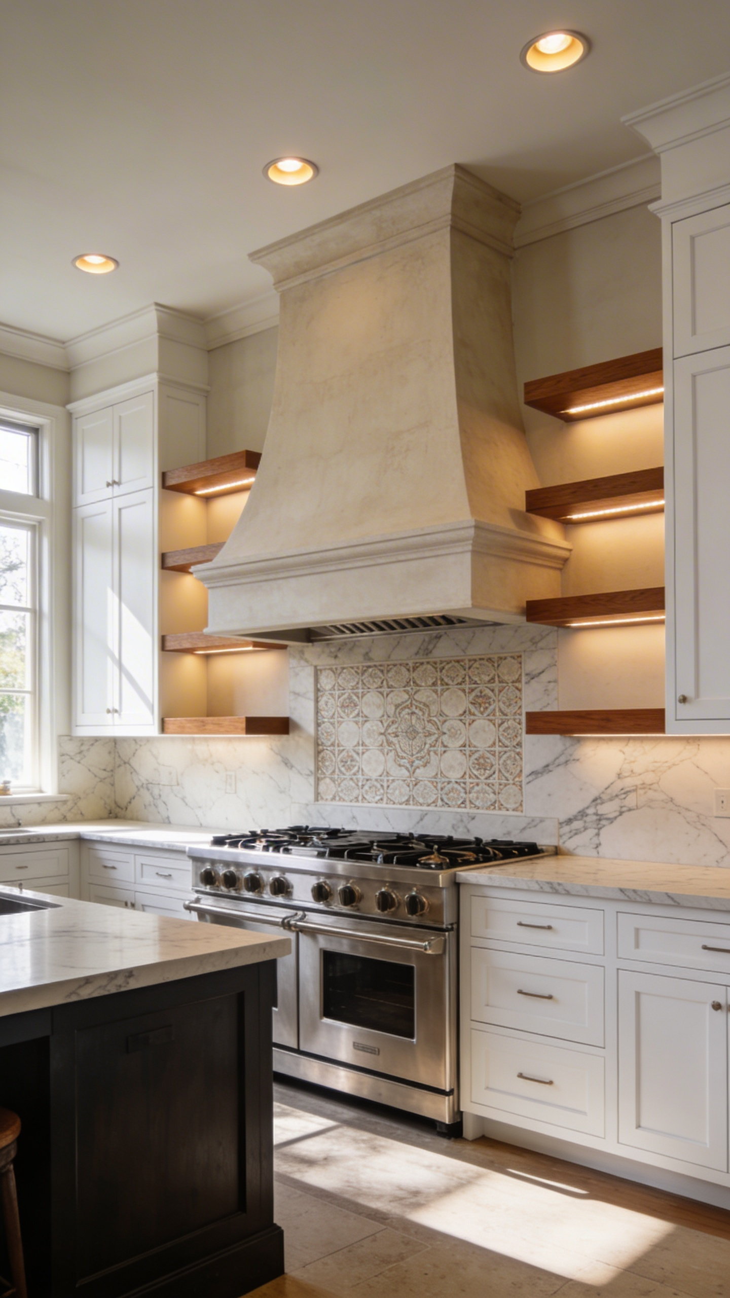 A luxury kitchen featuring a large custom range hood as a central focal point with symmetrical cabinets and marble kitchen wall decor.