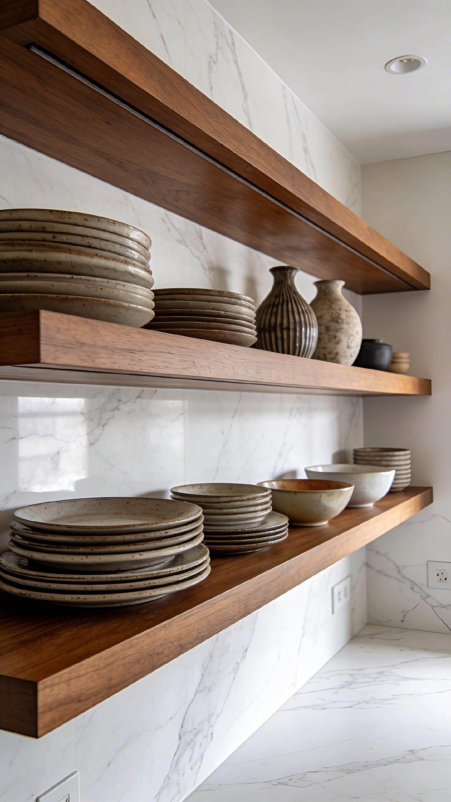 Thick walnut floating shelves mounted on a white marble backsplash holding heavy ceramic dishware in a modern kitchen.