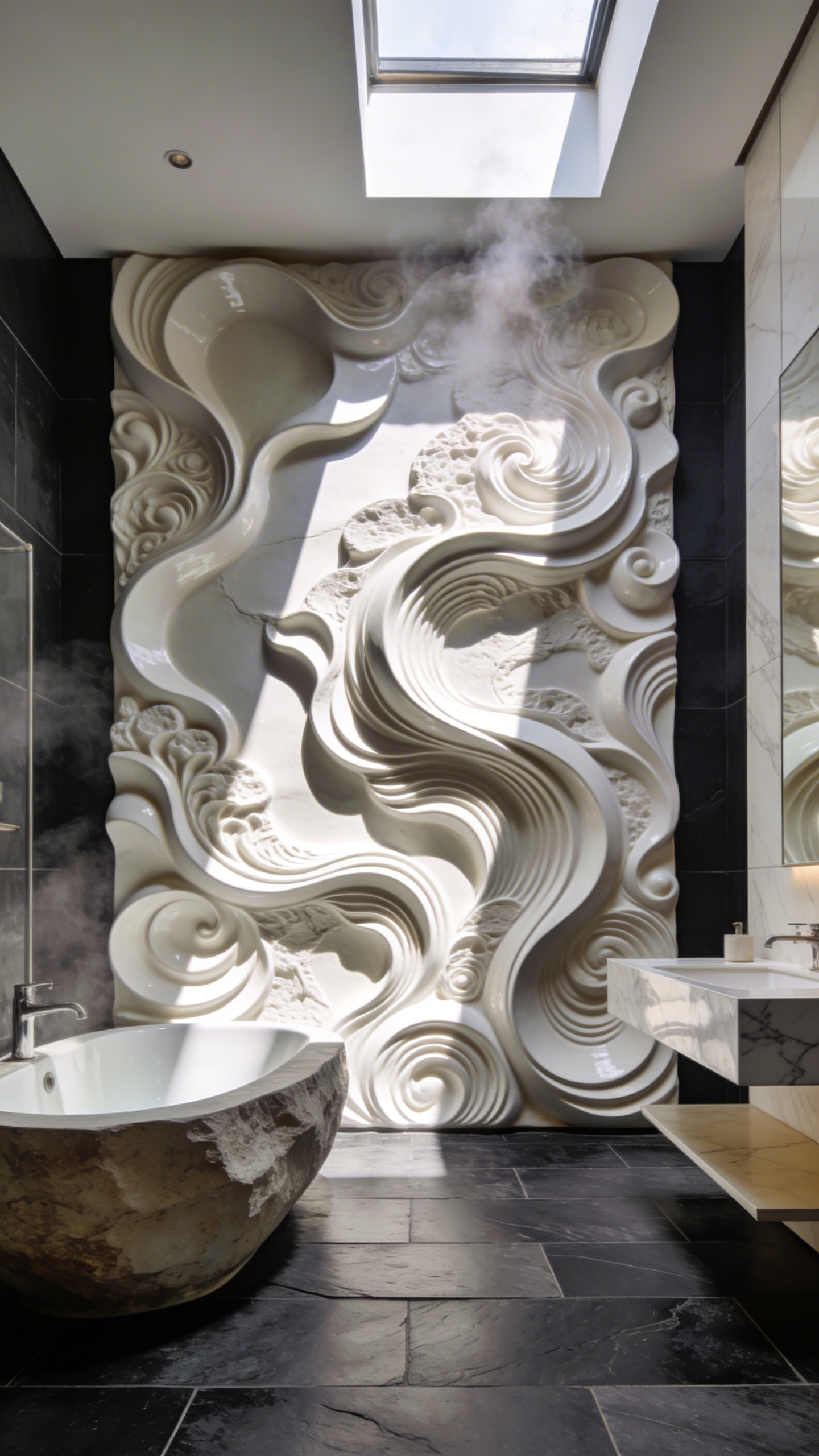 Modern luxury bathroom featuring moisture-resistant 3D ceramic sculptural wall art behind a stone soaking tub.