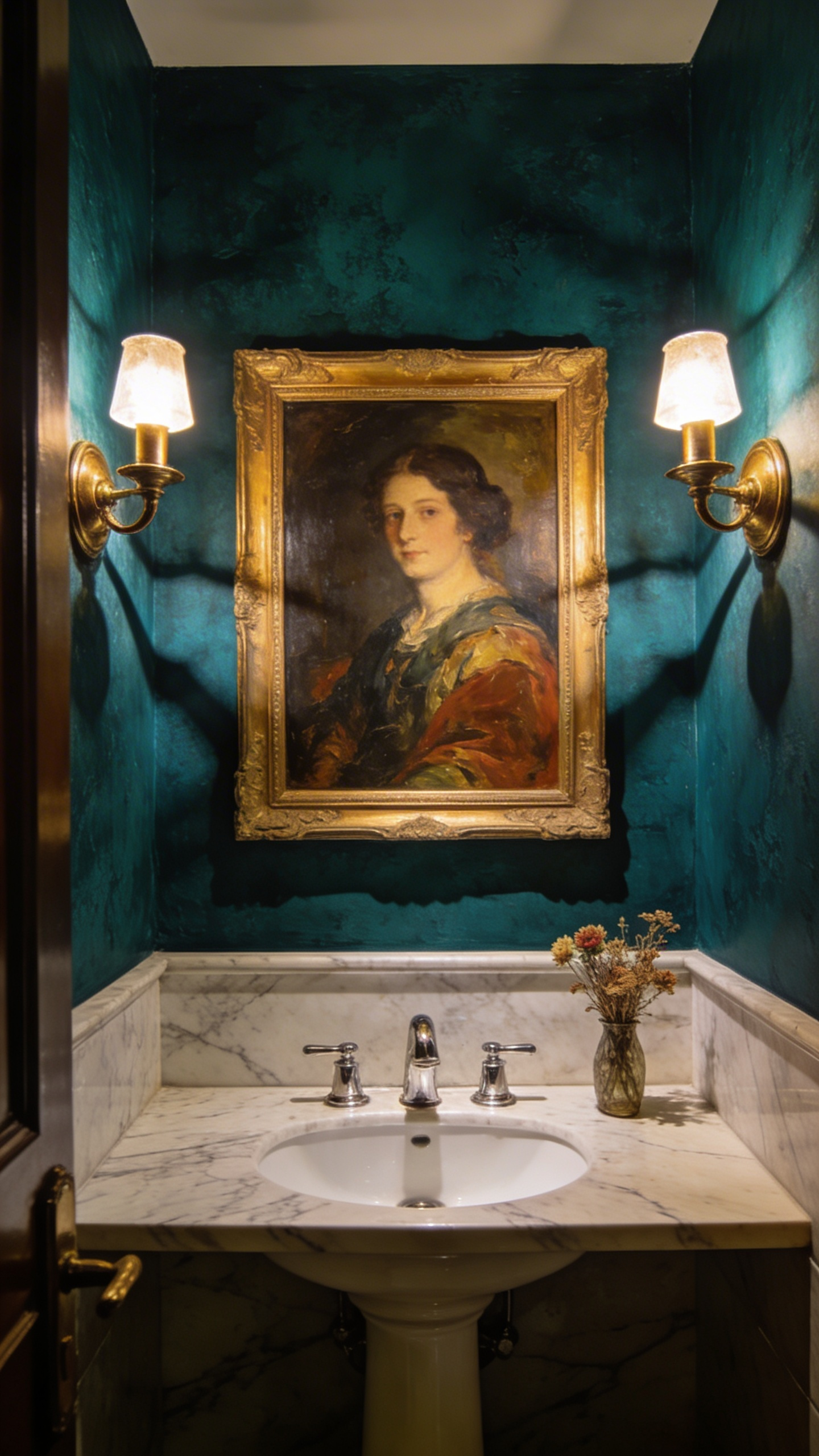 A stylish guest powder room featuring dark teal wallpaper and a character-rich vintage portrait in a gold frame hanging above a marble sink.