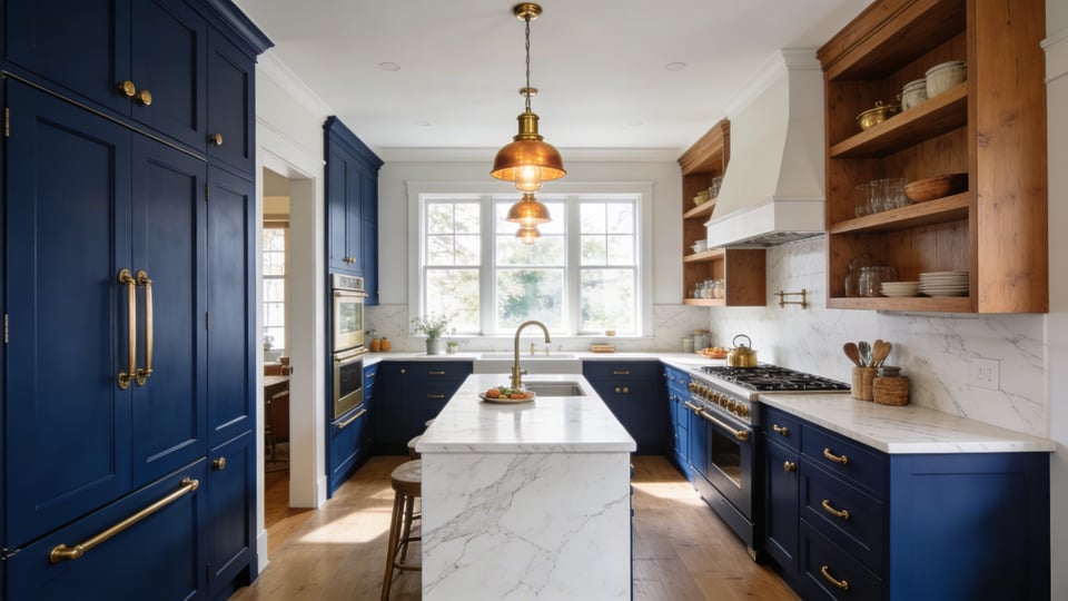 A modern kitchen with deep navy cabinetry, brass hardware, and marble countertops — the defining blue kitchen look that proves bold colour belongs in your cooking space.