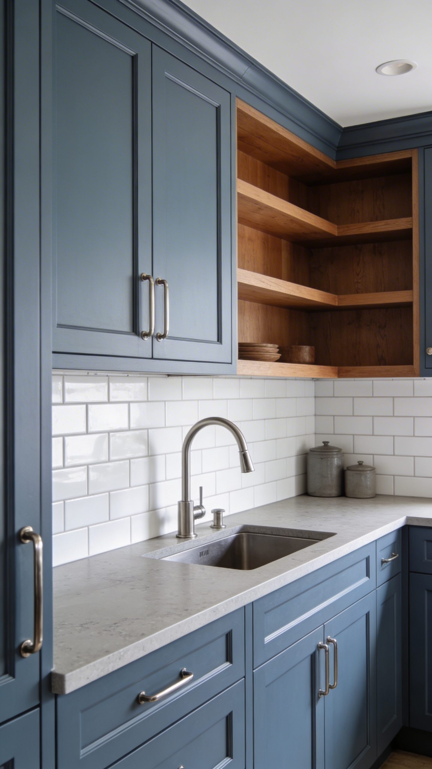 Slate blue cabinetry with satin nickel hardware, grey quartz countertop, and warm wood shelving — the most wearable blue, scored highest for long-term renovation satisfaction.