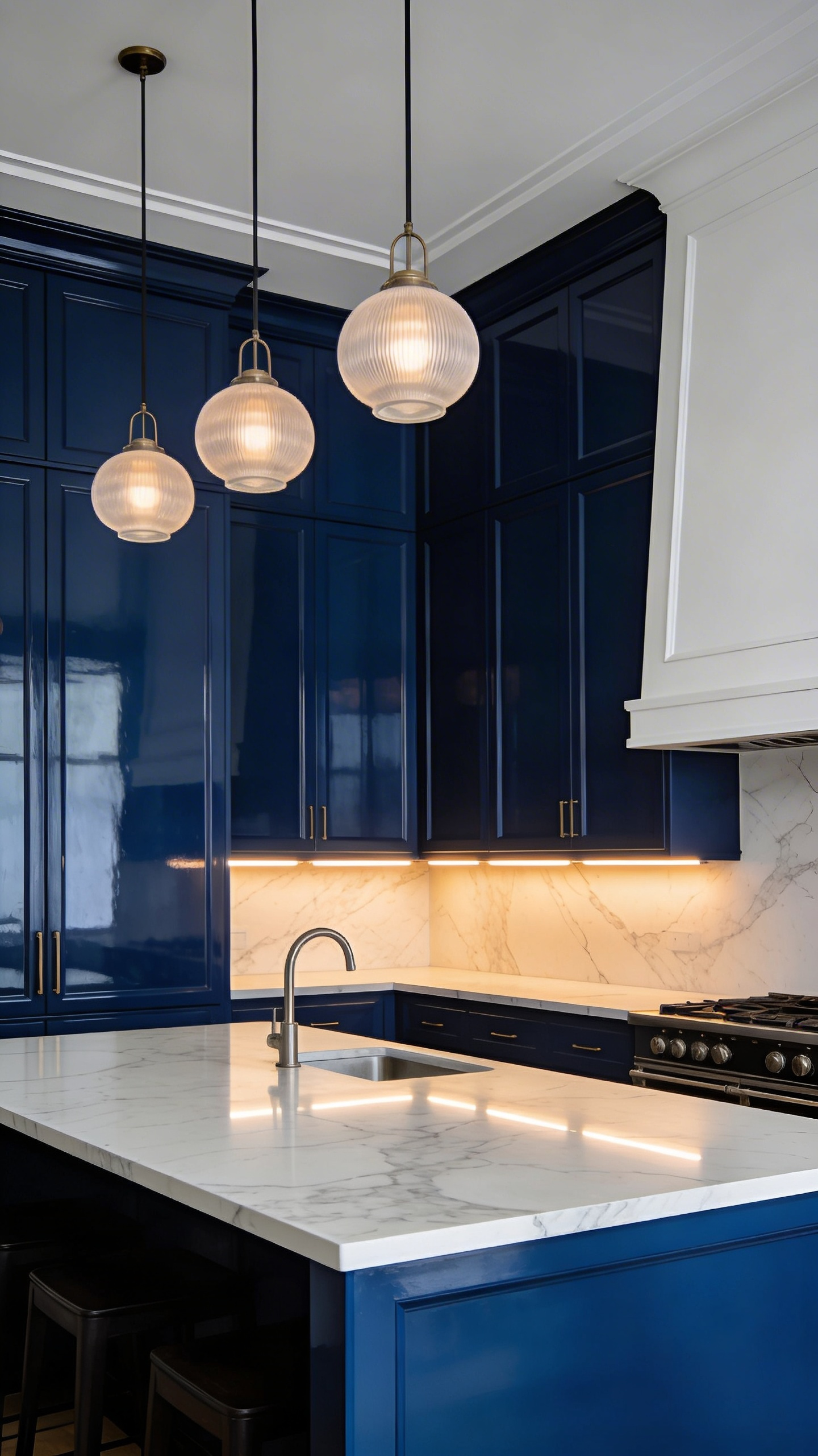 Midnight blue glossy cabinetry with white marble countertop and strategic pendant and under-cabinet lighting — the jewel-like effect that only works when the lighting infrastructure is right.