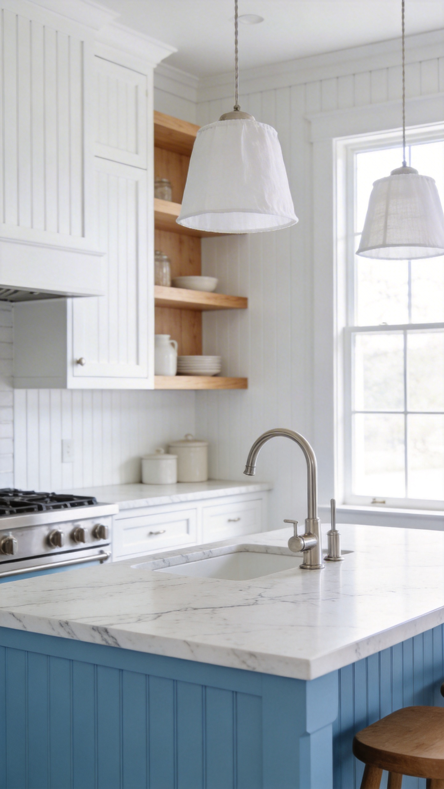 Coastal blue and white kitchen with architectural beadboard cabinetry, marble countertops, and natural wood shelving — Hamptons-style restraint that earns its calm through material quality.