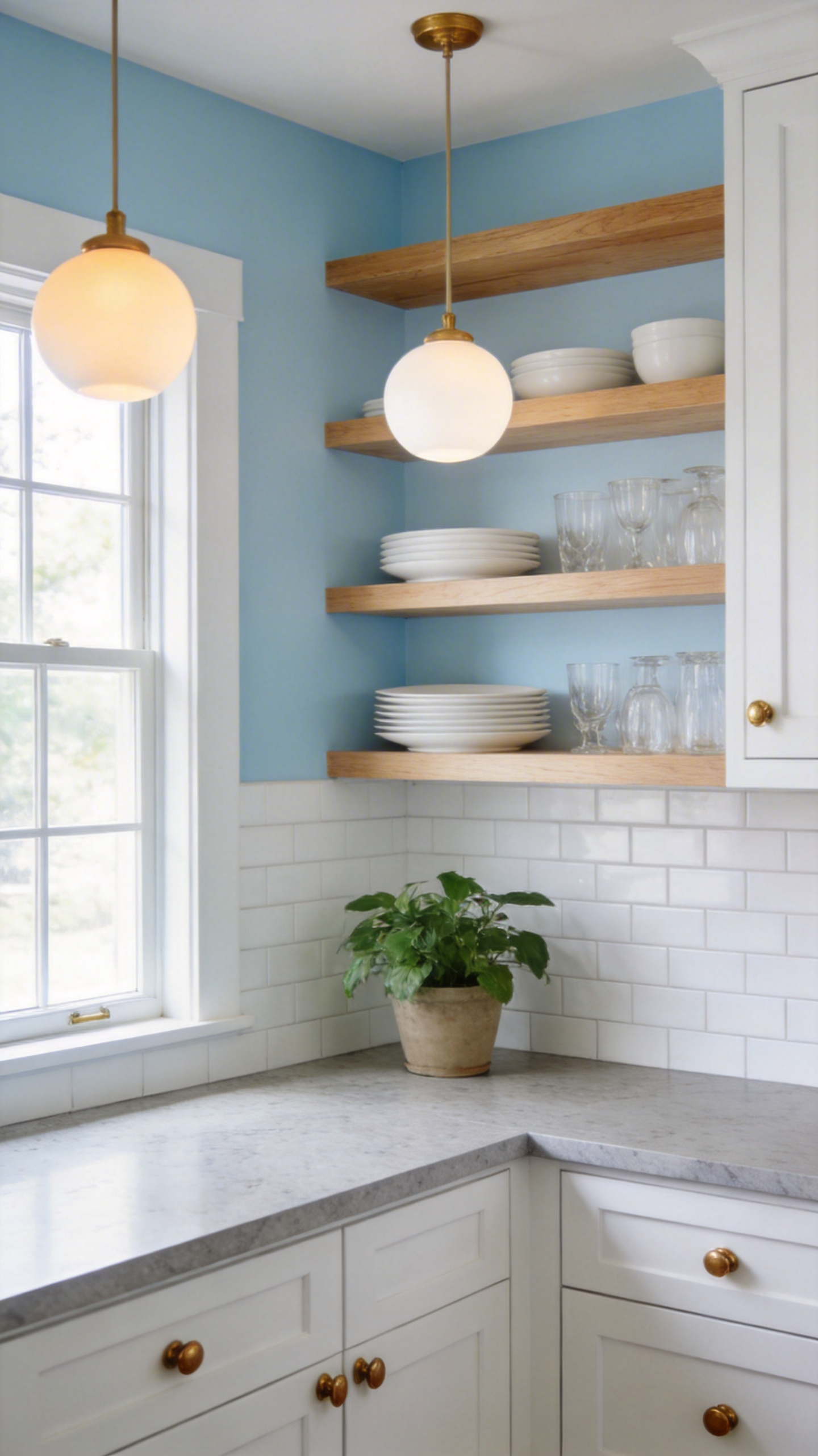 Pale powder blue walls with warm white Shaker cabinetry, oak open shelving, and brass hardware — the combination that proves pale blue can feel warm rather than clinical.