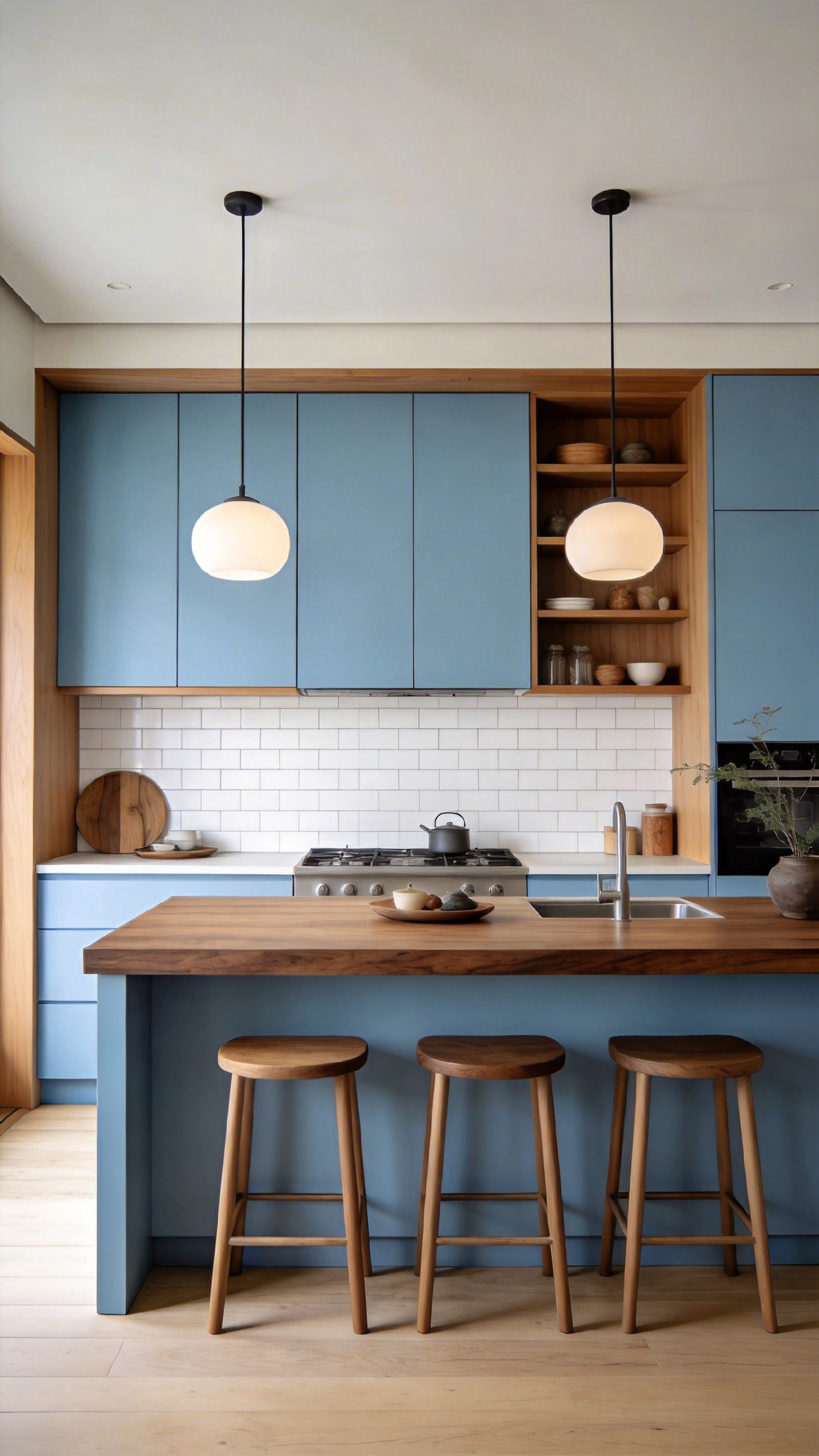 Blue cabinetry with thick walnut countertop and warm oak accents — the Japandi formula that pairs blue's clarity with wood's grounding stability for maximum psychological comfort.