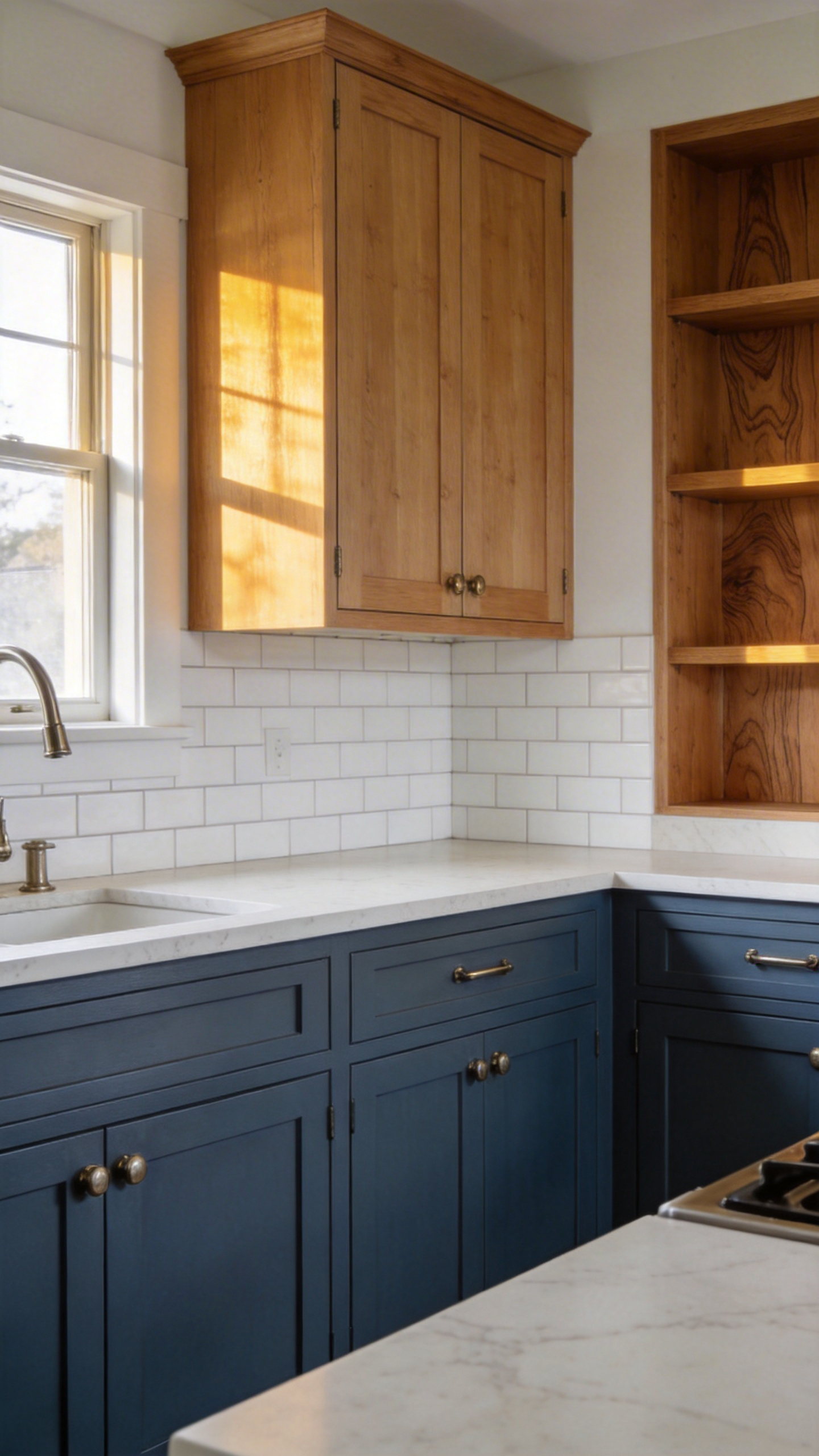 Slate blue lower cabinets with natural oak upper cabinets — the two-tone formula that pairs colour's groundedness with wood's warmth in perfectly weighted proportion.