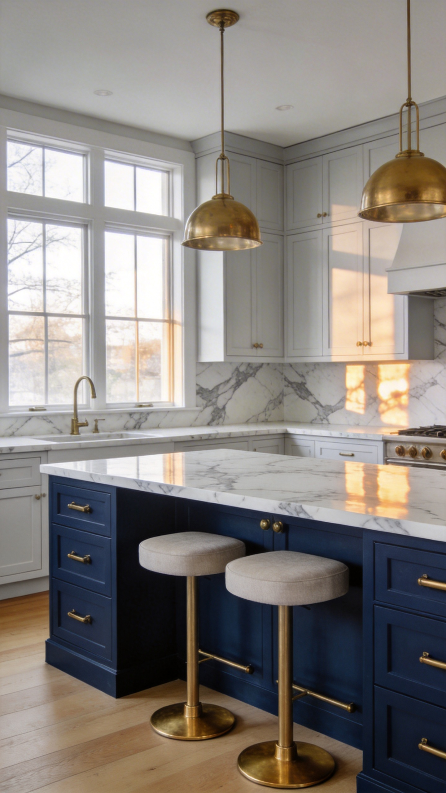 A navy blue kitchen island with Calacatta marble, unlacquered brass hardware, and brass pendants — the authority-plus-warmth combination that makes this island the room's undisputed focal point.