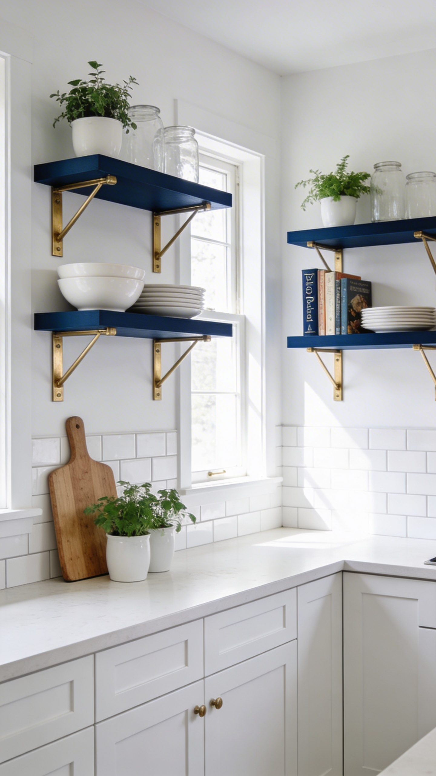 Deep inky blue open shelves styled with white ceramic, plants, and books against an all-white kitchen — concentrated colour that reads as intentional curation rather than decoration.