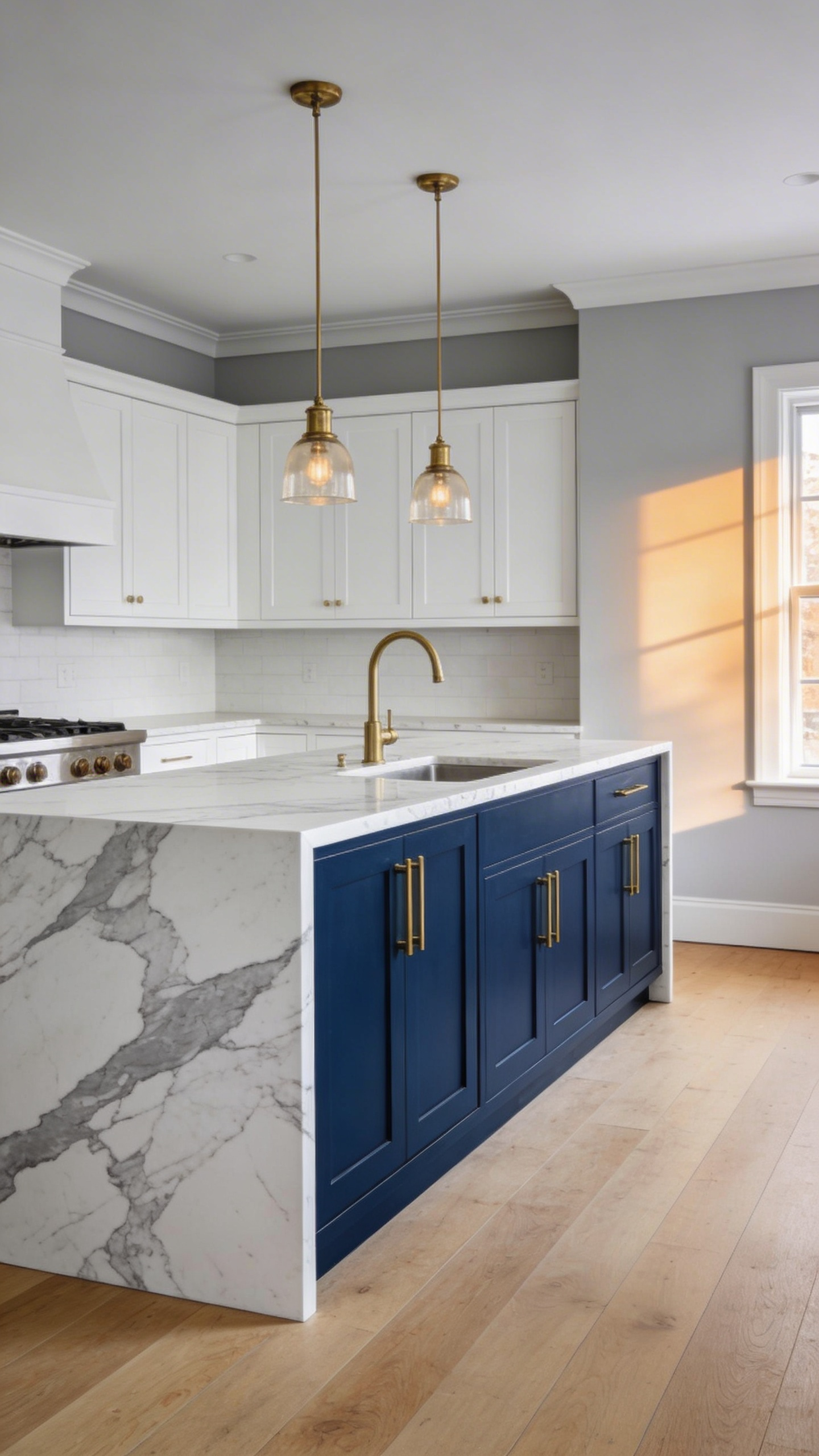 A cobalt blue kitchen island with Calacatta marble countertop and unlacquered brass hardware — saturated colour contained in one focal point, surrounded by neutral cabinetry.