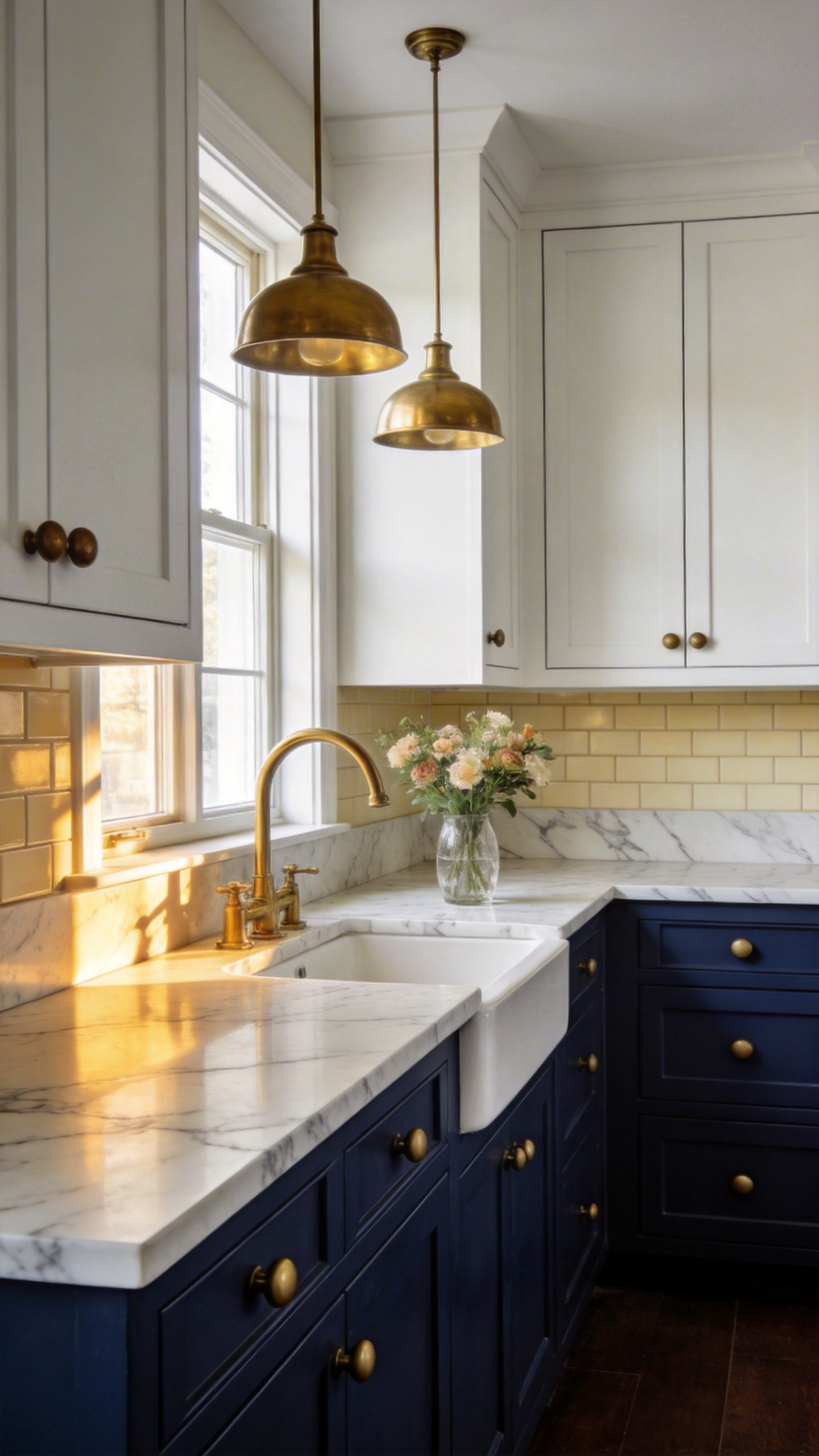 Deep navy Shaker lower cabinets paired with white uppers, brass hardware, and Carrara marble countertops — the tuxedo kitchen approach that defines 2026 kitchen design.