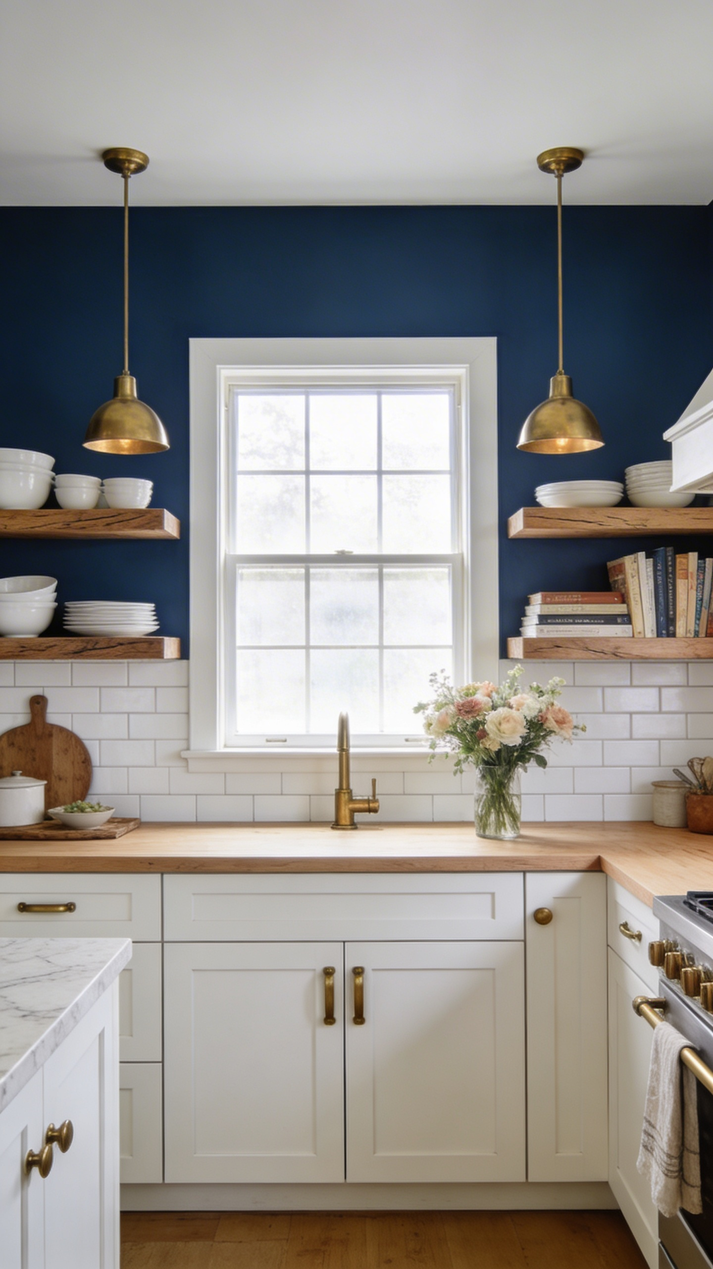 Denim blue walls with off-white cabinetry, raw oak shelving, and unlacquered brass — the mid-toned blue that reads grounded and warm rather than formal.