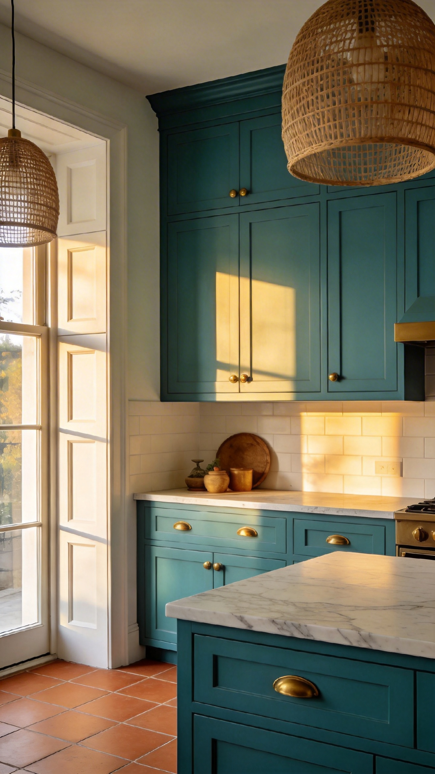 Teal kitchen cabinets with warm brass hardware, rattan pendants, and terracotta tiles — the 2026 colour-of-the-year combination that bridges botanical warmth with sophisticated depth.