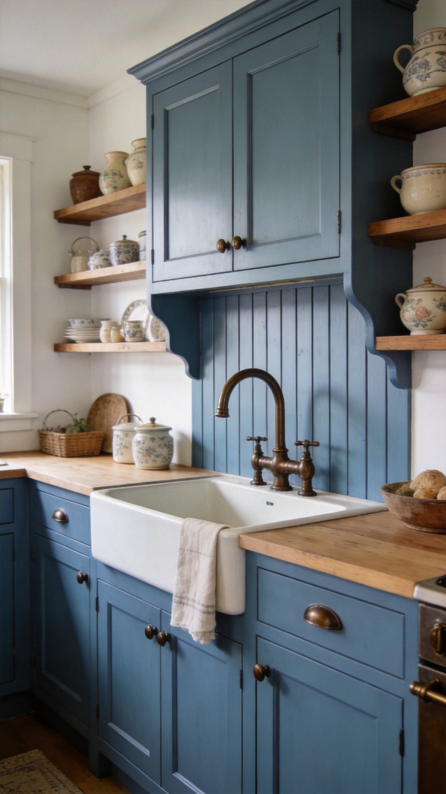 Dusty blue farmhouse kitchen with matte cabinet finish, tongue-and-groove paneling, and oil-rubbed bronze hardware — chalky, warm, and genuinely lived-in.