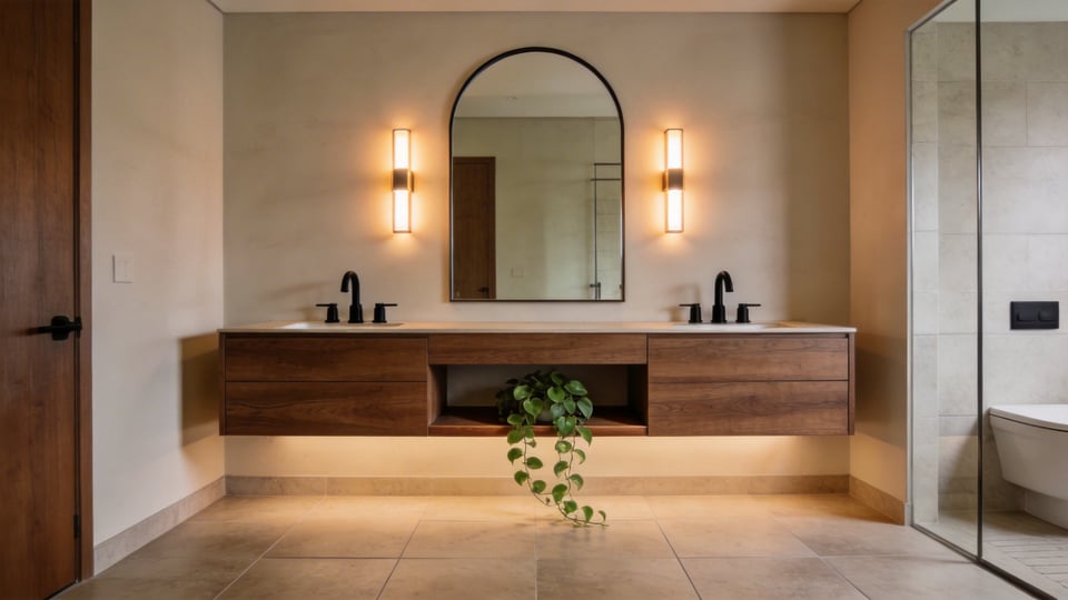 This modern bathroom brings together floating vanity, statement mirror, and warm neutral palette — a complete vision of modern bathroom decoration that balances contemporary style with everyday livability.