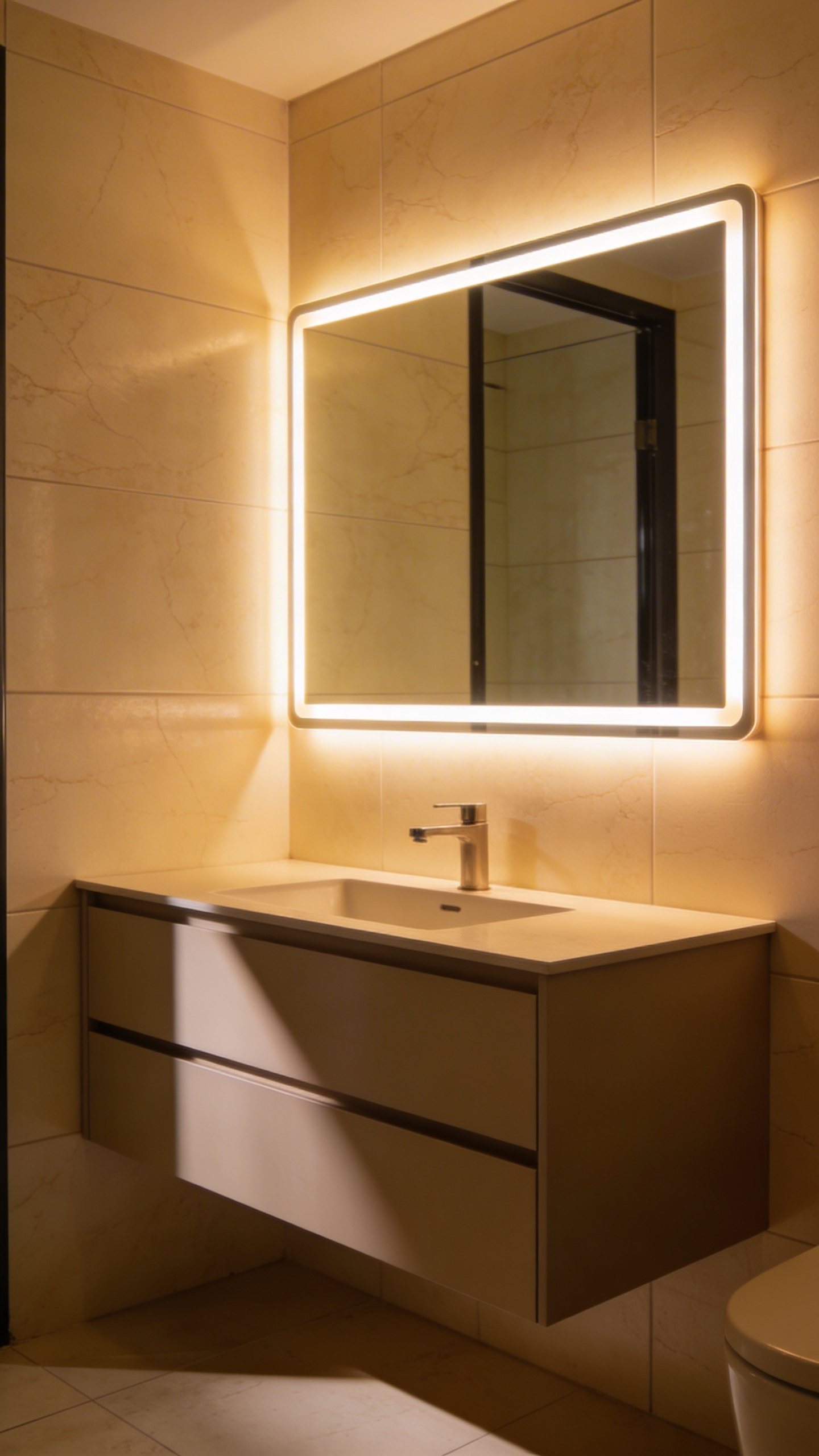 Layered LED lighting — particularly a backlit mirror at face height — is one of the most transformative upgrades in modern bathroom decoration for both function and mood.