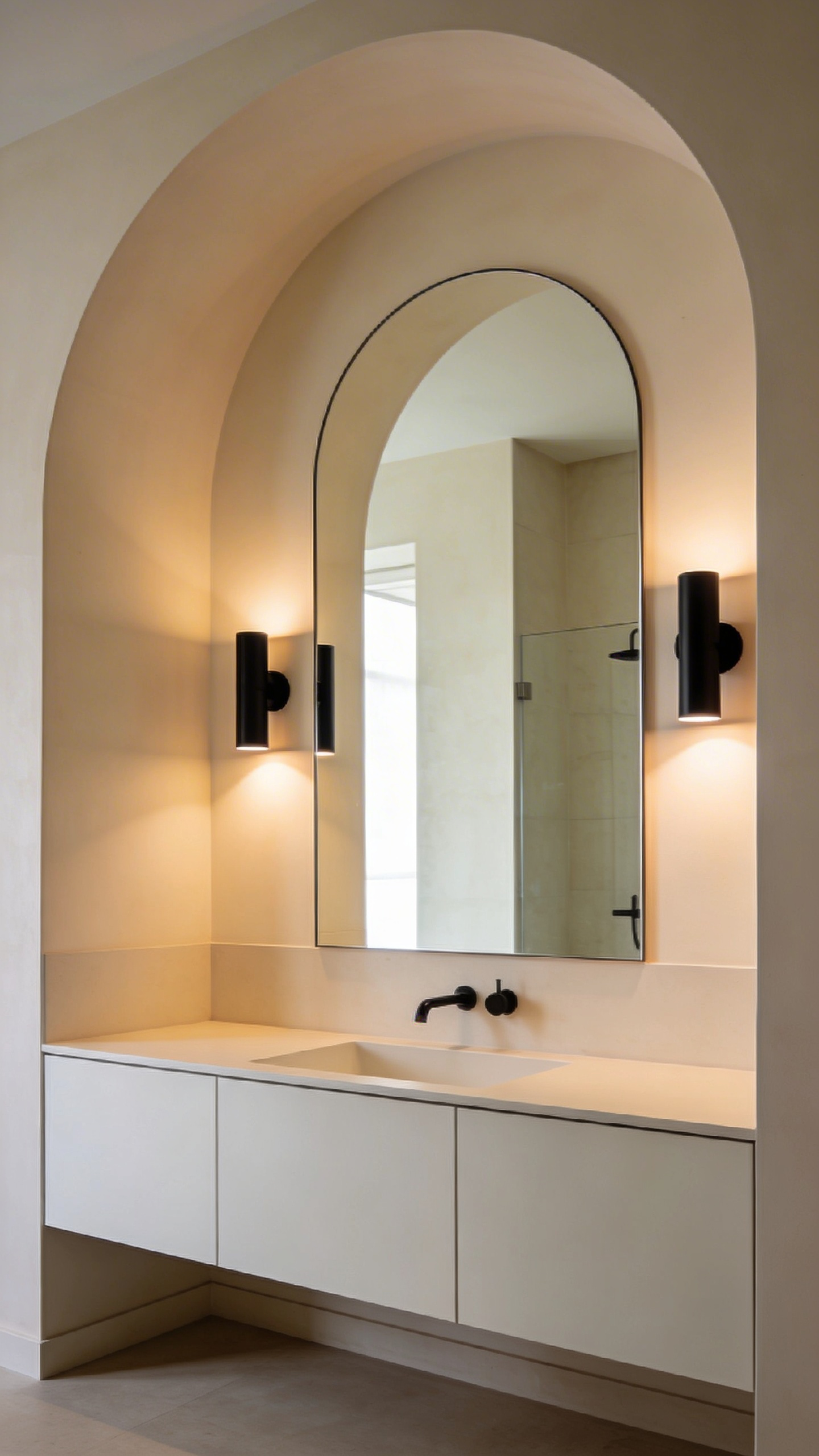 An oversized arched mirror doubles the light in this modern bathroom, making it one of the most impactful pieces of modern bathroom decoration at any budget.