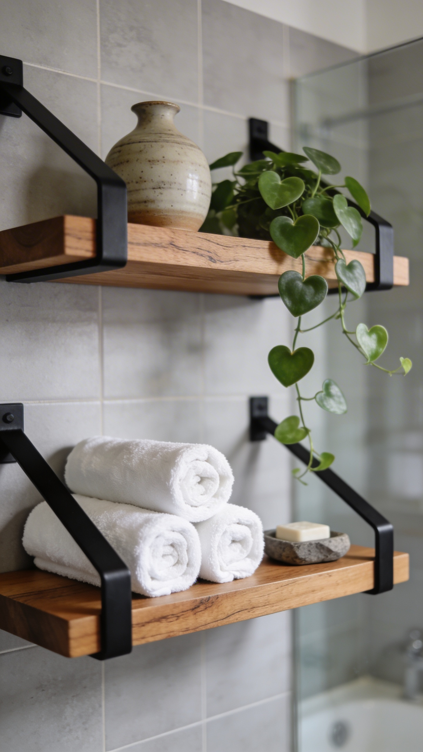 Edited open shelving — displaying 30–40% decorative items and keeping the rest functional — is one of the most characterful forms of modern bathroom decoration.