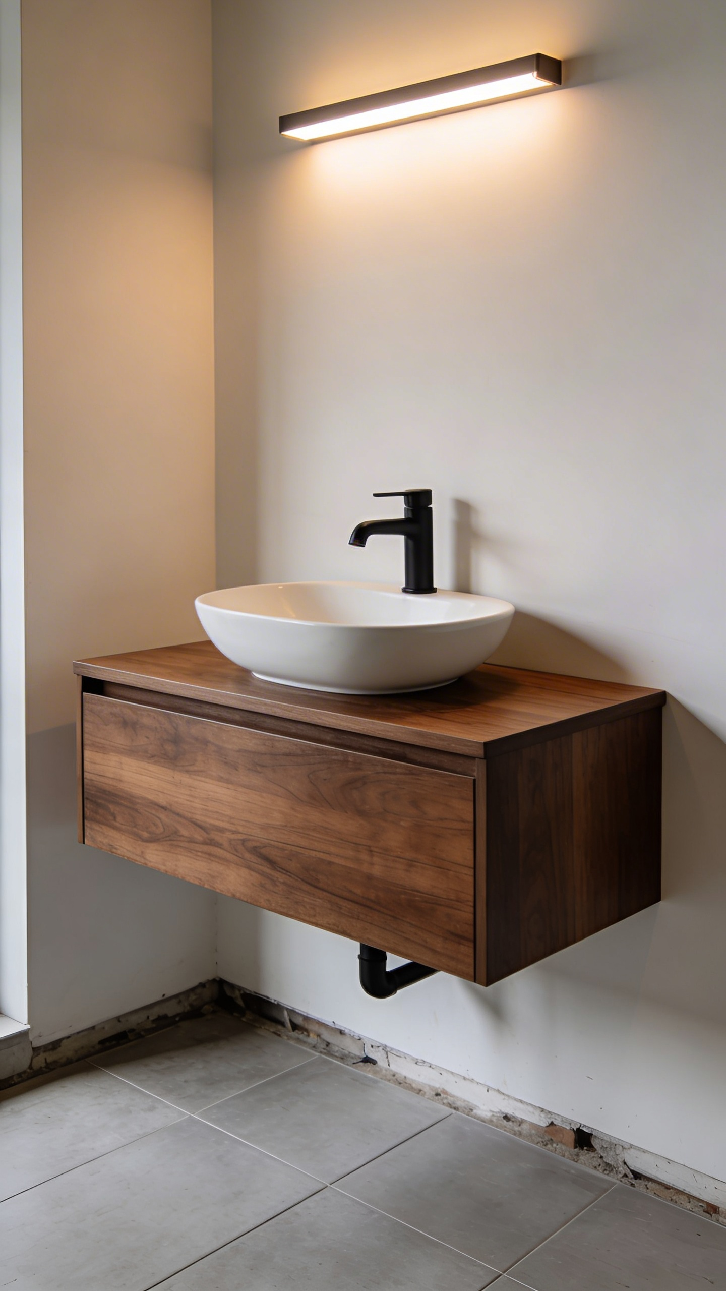 A floating walnut vanity in a contemporary bathroom — one of the most effective modern bathroom decoration upgrades for opening up perceived floor space.