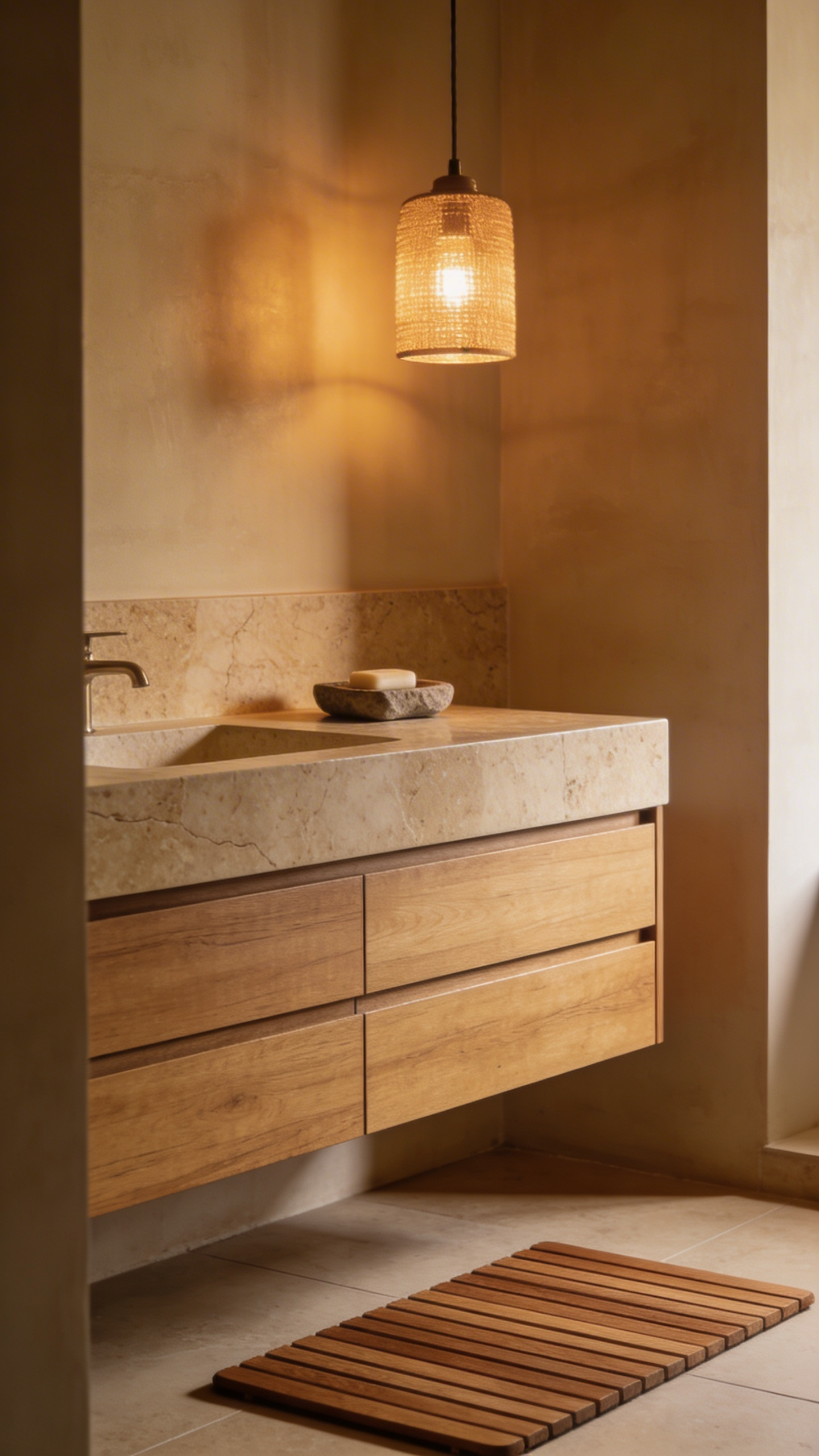 Organic materials like teak and travertine soften the hard edges of modern bathroom decoration while adding genuine warmth and texture.
