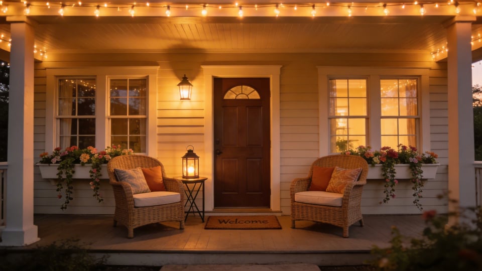 This front porch brings together the key elements of great porch decor — layered lighting, coordinated furniture, planters, and finishing details — to create a space that gets used rather than just admired.