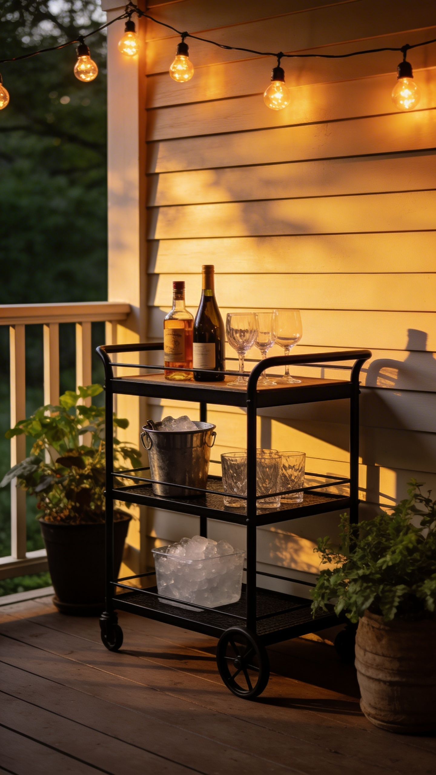 A porch bar cart or beverage station is a practical porch decor addition that directly extends how long gatherings last — and keeps the inside of the house from becoming a thoroughfare.