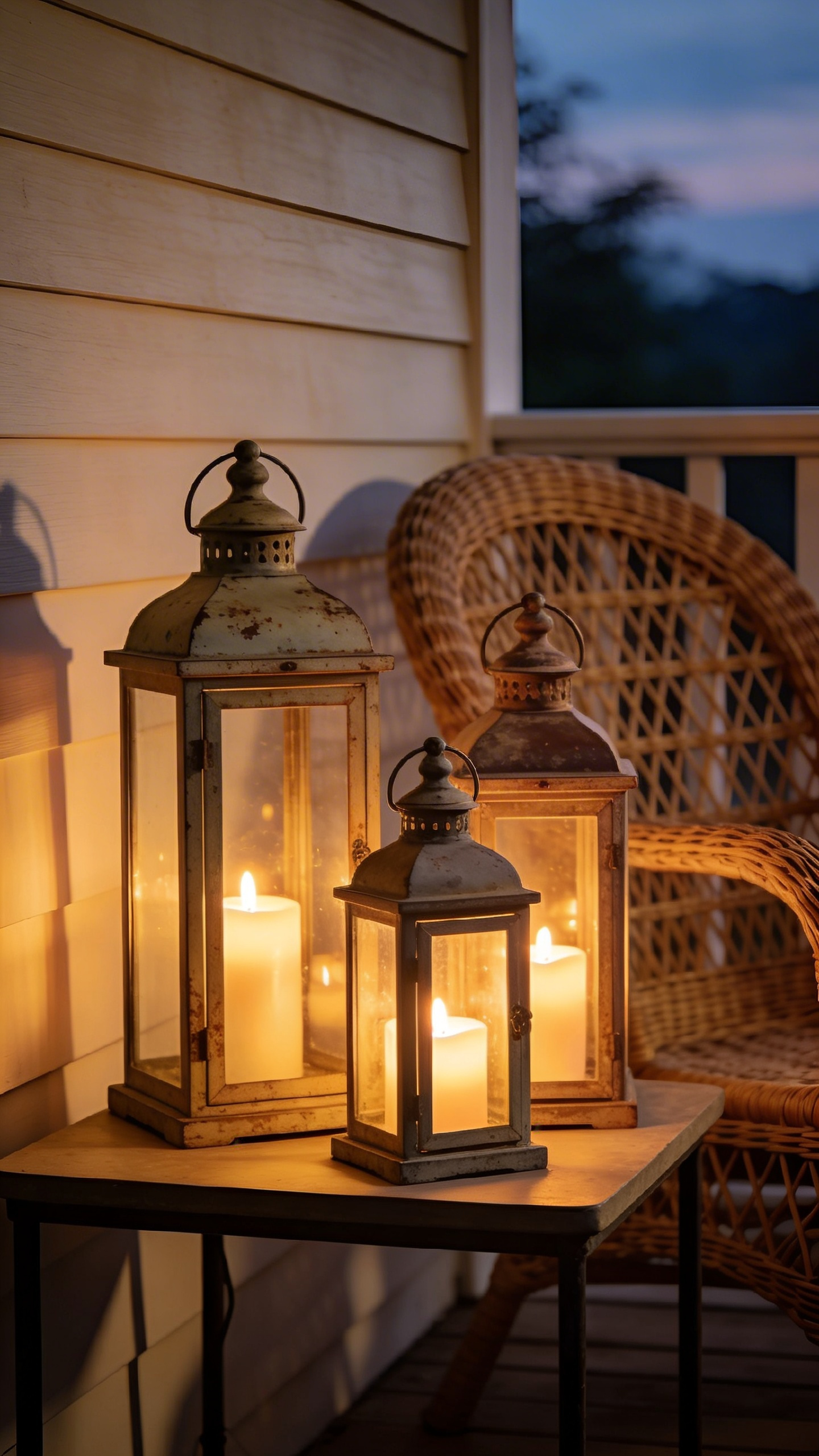 Grouped lanterns at varying heights create layered porch decor lighting that keeps the space feeling warm and inviting well after the sun goes down.