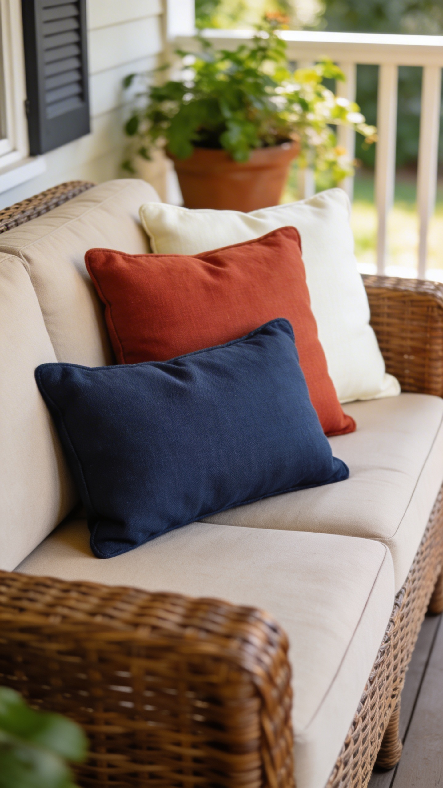 Durable porch decor throw pillows in coordinated colours and weather-resistant Sunbrella fabric add personality to outdoor furniture that lasts more than a single season.
