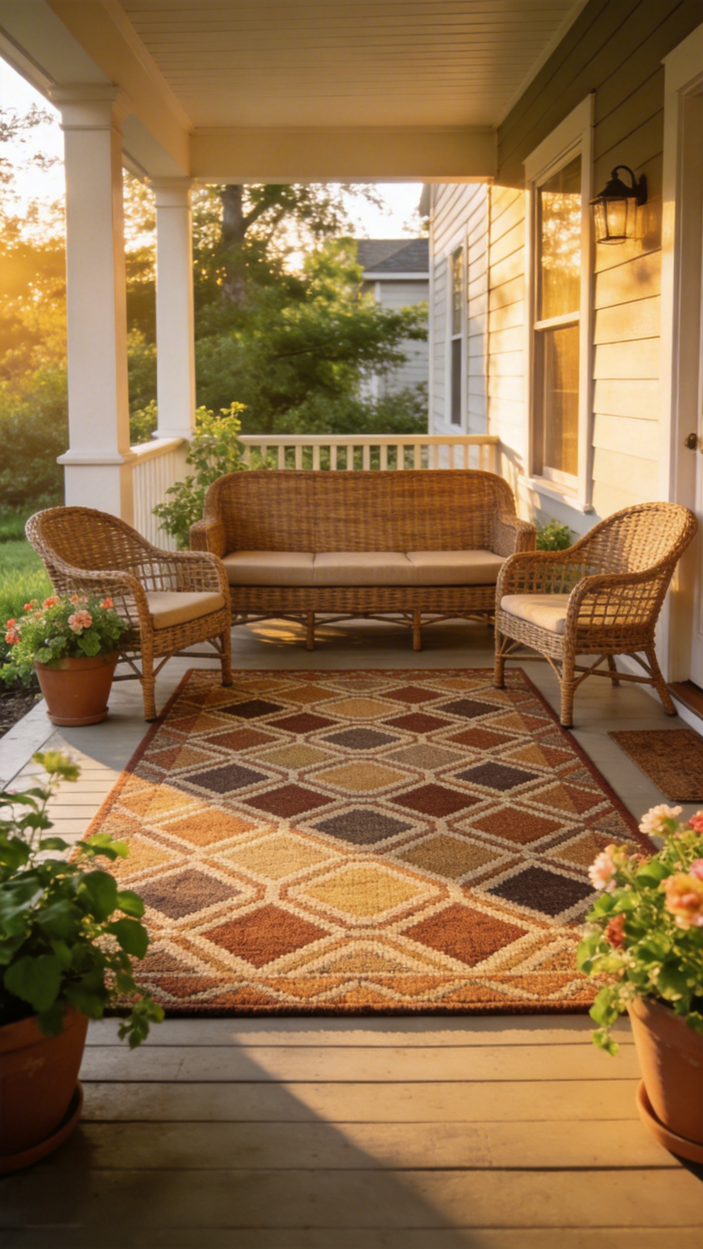 A properly sized outdoor rug is the foundation of good porch decor — it anchors the furniture arrangement and transforms a patch of concrete into a room.