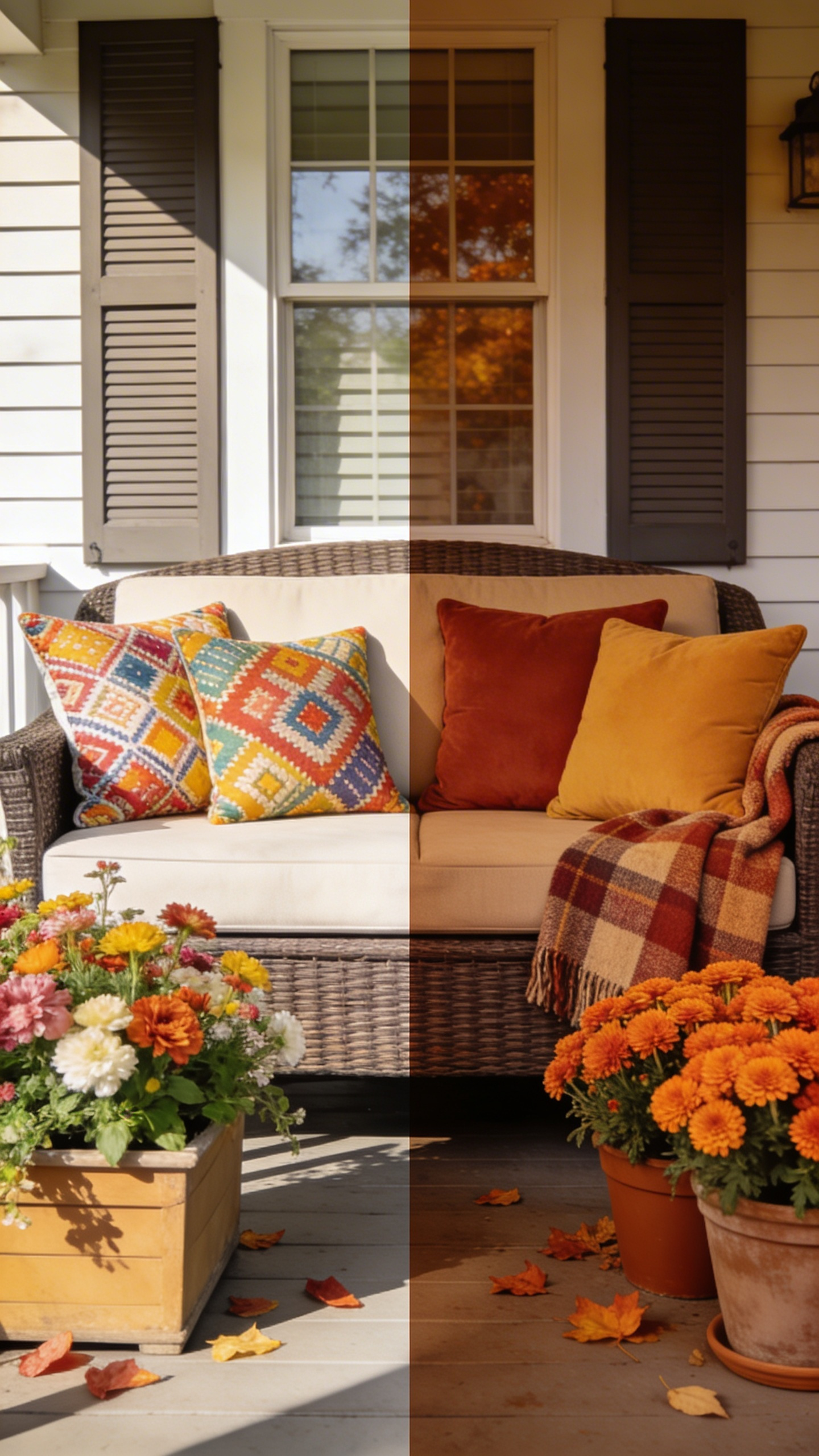 A seasonal swap system for porch decor means changing pillows, planters, and wreaths twice a year rather than redesigning from scratch every season.