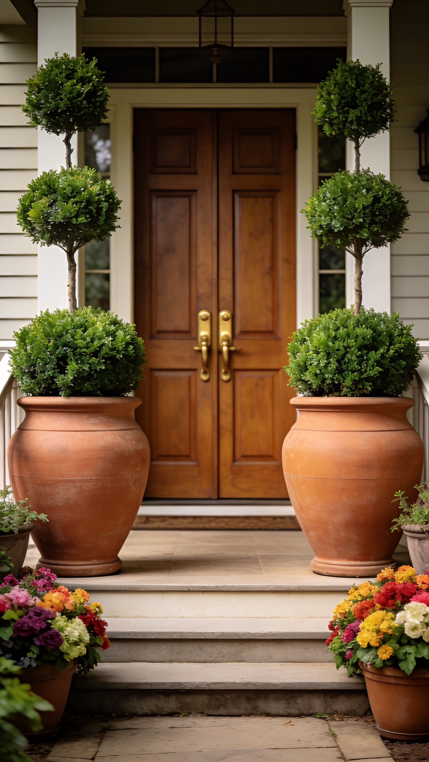 Symmetrical planters flanking the front door are a classic approach to porch decor that works for almost any home style and creates an instant sense of arrival.