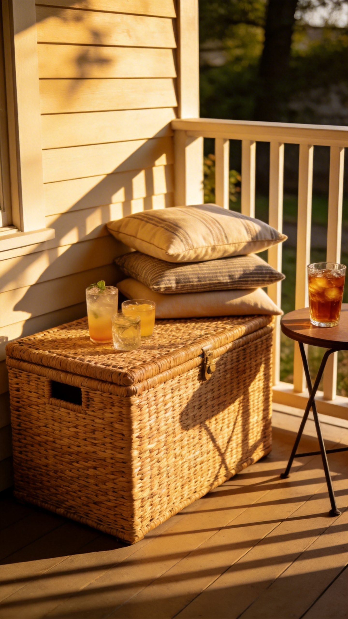 A dual-function side table with storage solves two persistent porch problems at once — accessible surfaces for guests and a place to keep cushions and throws out of the weather.