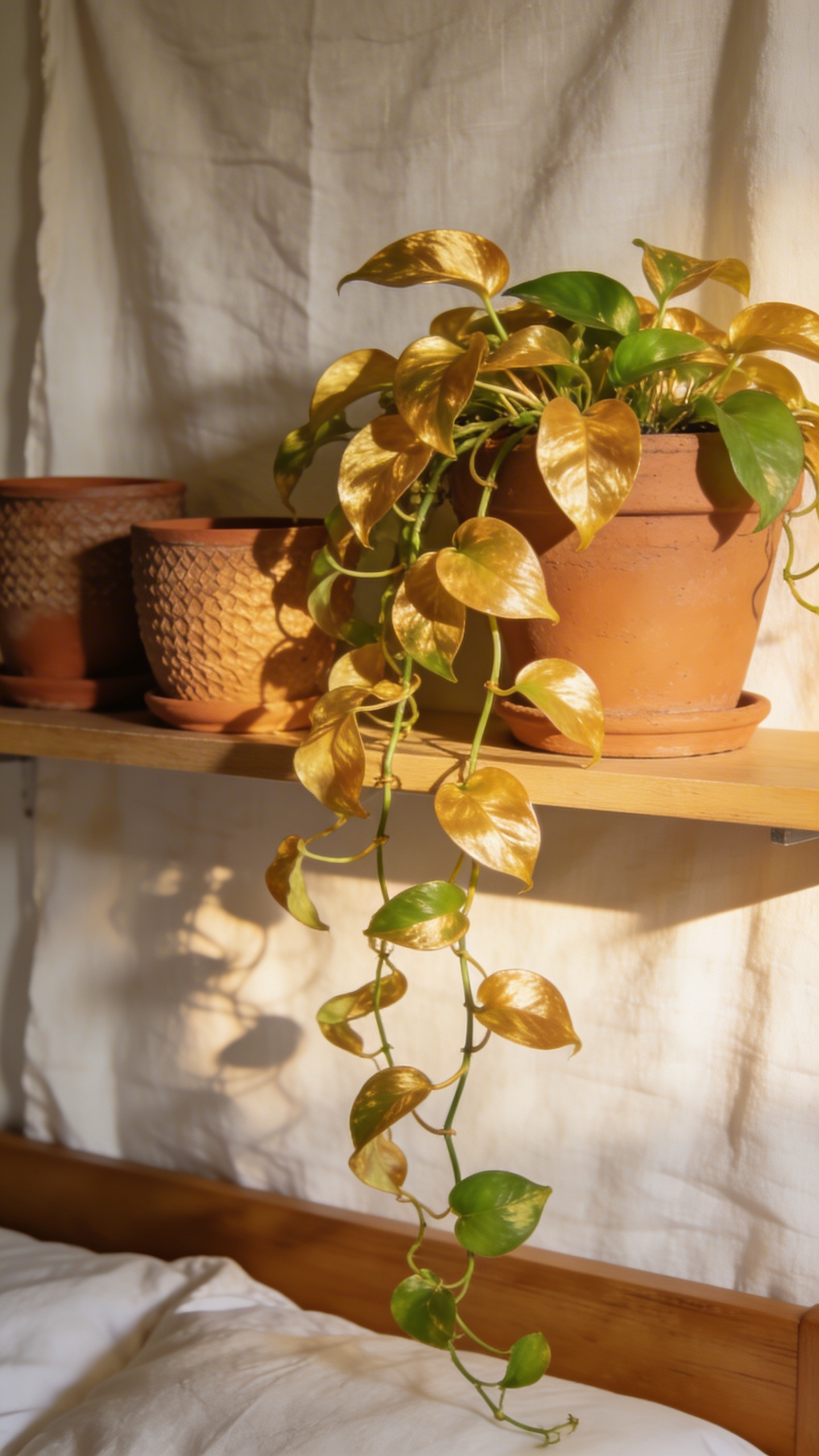 Trailing pothos on a high shelf adds organic life and soft movement to a bedroom — one of the most low-maintenance cozy bedroom decor ideas for bringing warmth to corners and surfaces.
