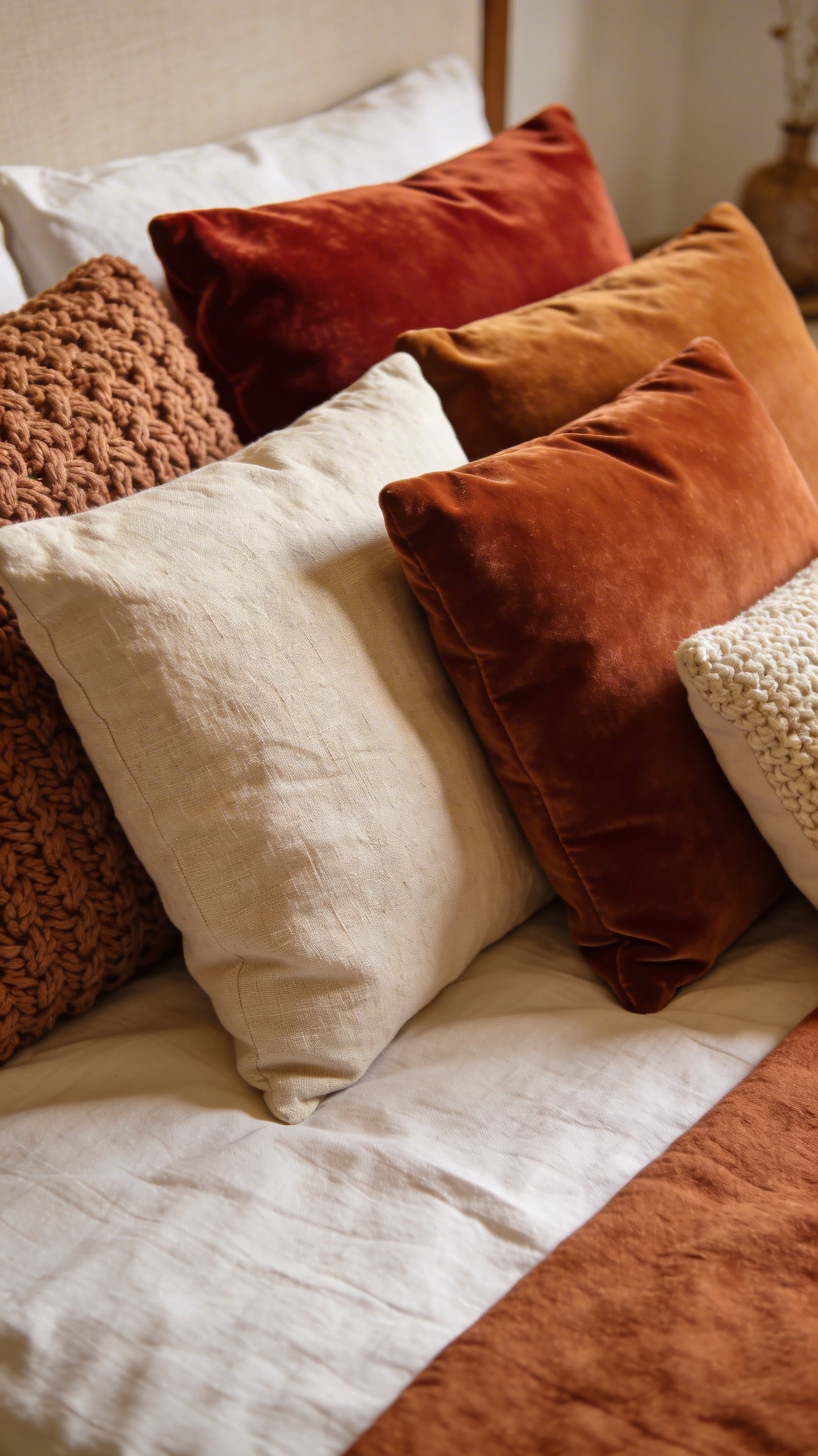 A palette-cohesive mix of velvet, linen, and chunky knit throw pillows demonstrates one of the most tactile cozy bedroom decor ideas for building a welcoming bed.