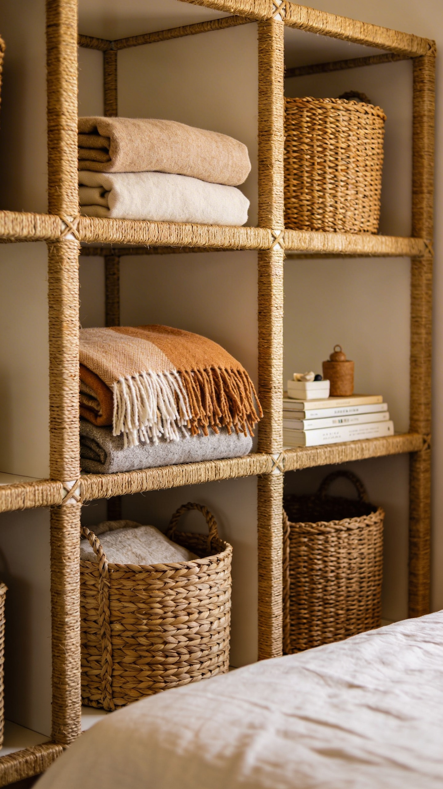 Open-weave woven baskets on bedroom shelving create visible order and texture simultaneously — a practical cozy bedroom decor idea that reduces visual clutter without hiding everything behind closed doors.