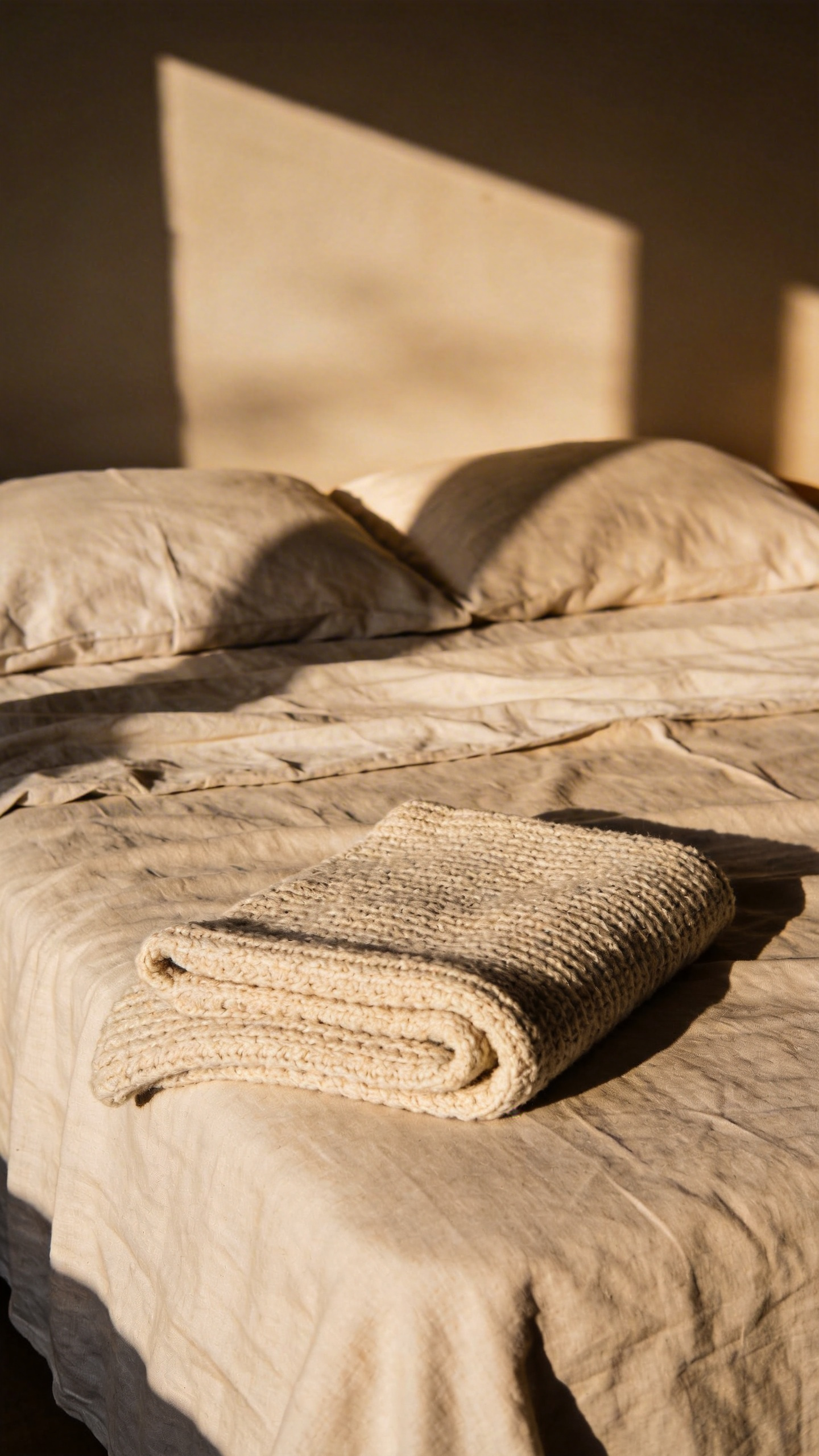 A well-layered bed is the foundation of cozy bedroom decor ideas — this setup uses cotton percale sheets under a down duvet with a chunky knit throw for texture and warmth.