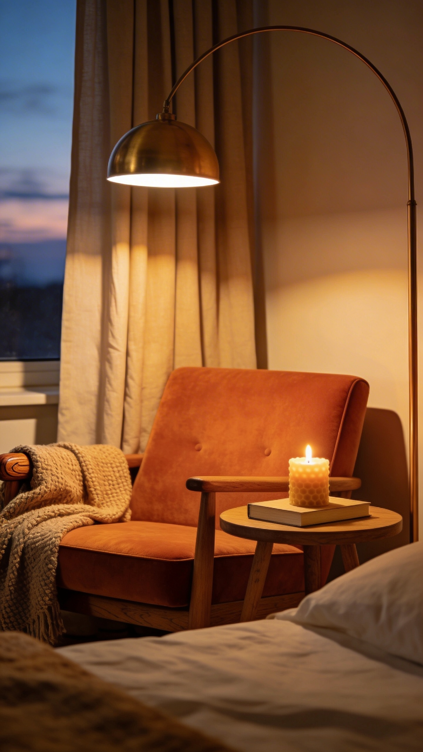 A dedicated reading nook with a comfortable chair, arc floor lamp, and small side table is one of the most purposeful cozy bedroom decor ideas for making a bedroom feel fully inhabited.