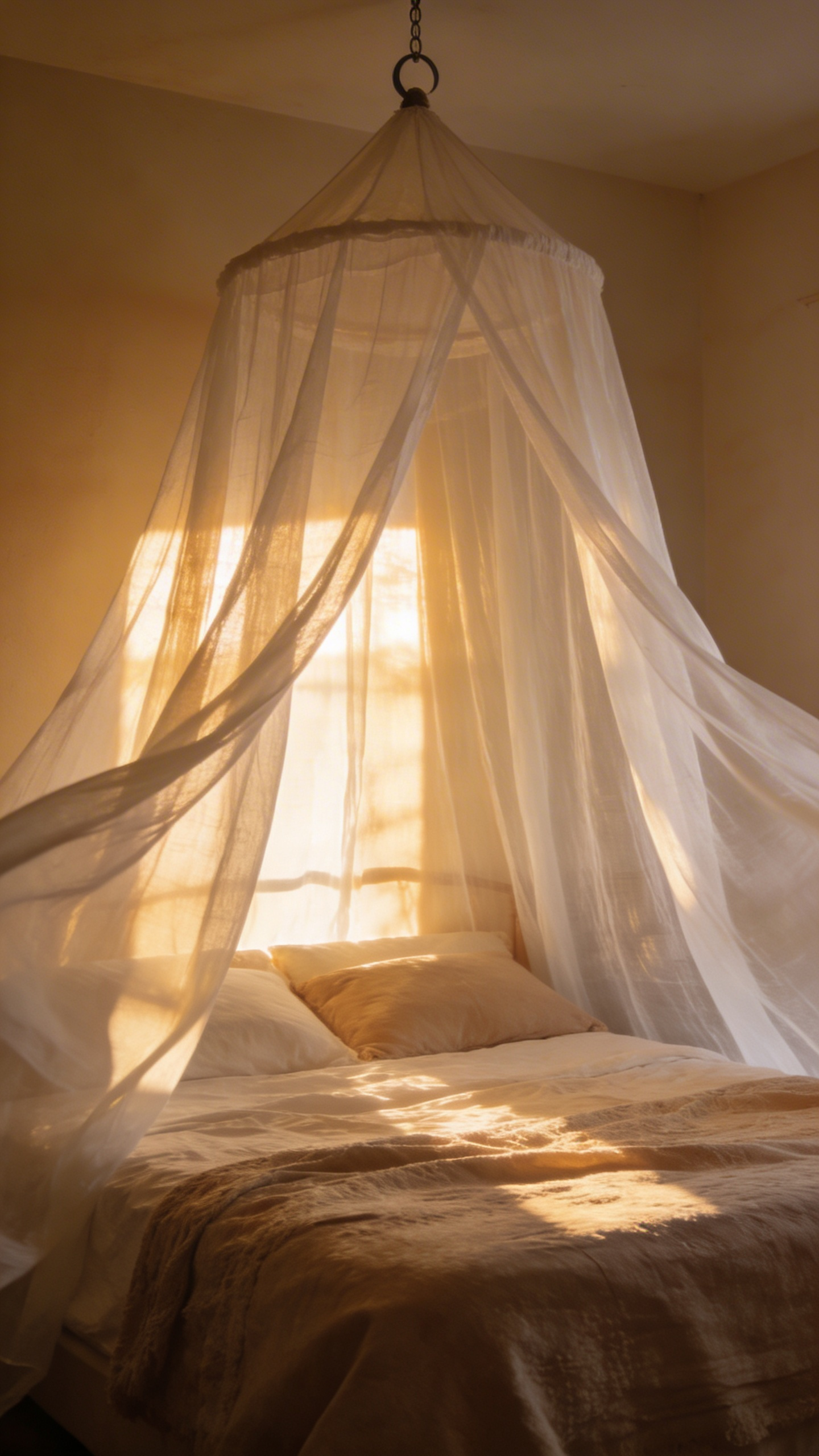A sheer fabric canopy or draped linen from a ceiling hook creates overhead enclosure — one of the most psychologically effective cozy bedroom decor ideas for transforming how a bed feels.