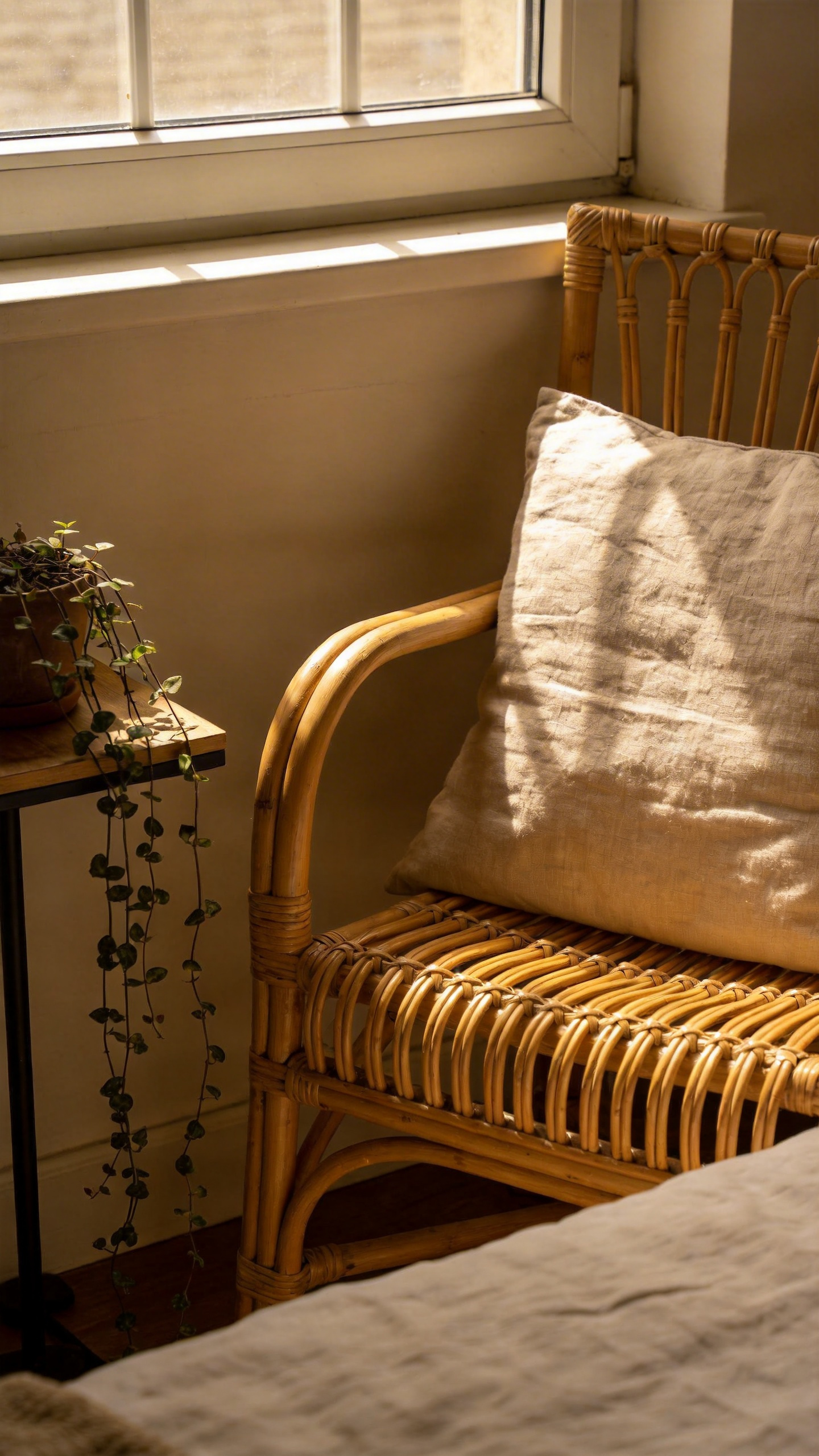 A natural rattan accent chair brings organic texture and warmth to a bedroom corner — one of the most distinctive cozy bedroom decor ideas for adding life and depth to a space.