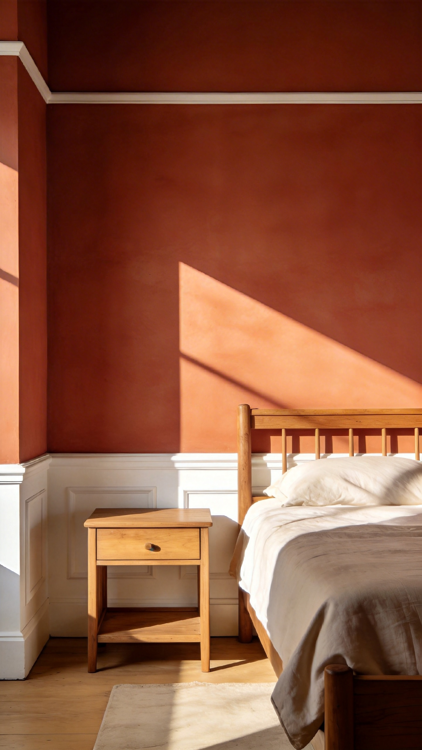 Warm paint tones like terracotta, clay, or dusty blush are cozy bedroom decor ideas rooted in colour psychology — they create enclosure and calm without making a room feel small.