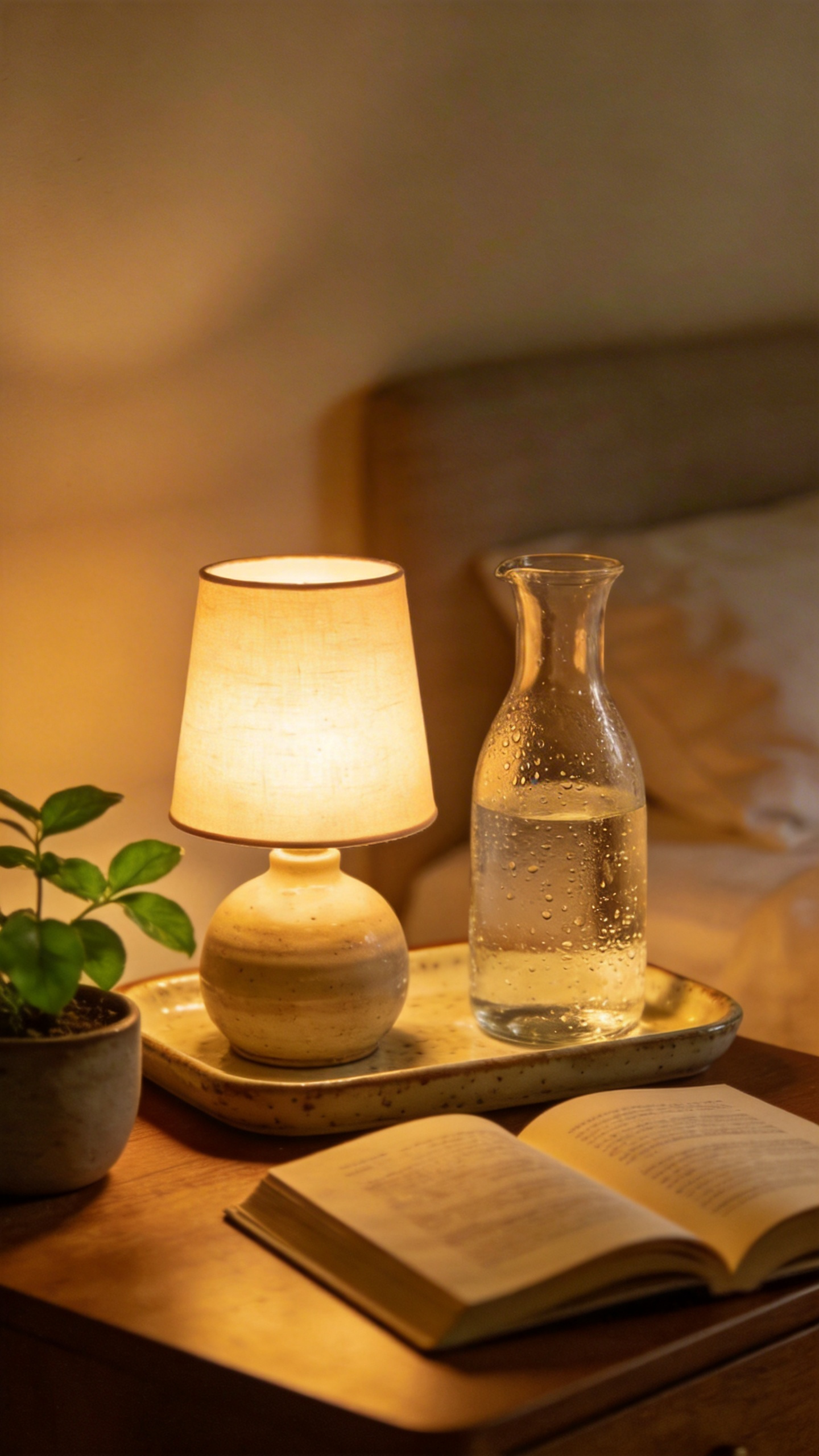 A curated bedside setup — lamp, water carafe, book, and small plant on a ceramic tray — turns the nightstand into a wind-down ritual station and is one of the simplest cozy bedroom decor ideas to put in place immediately.