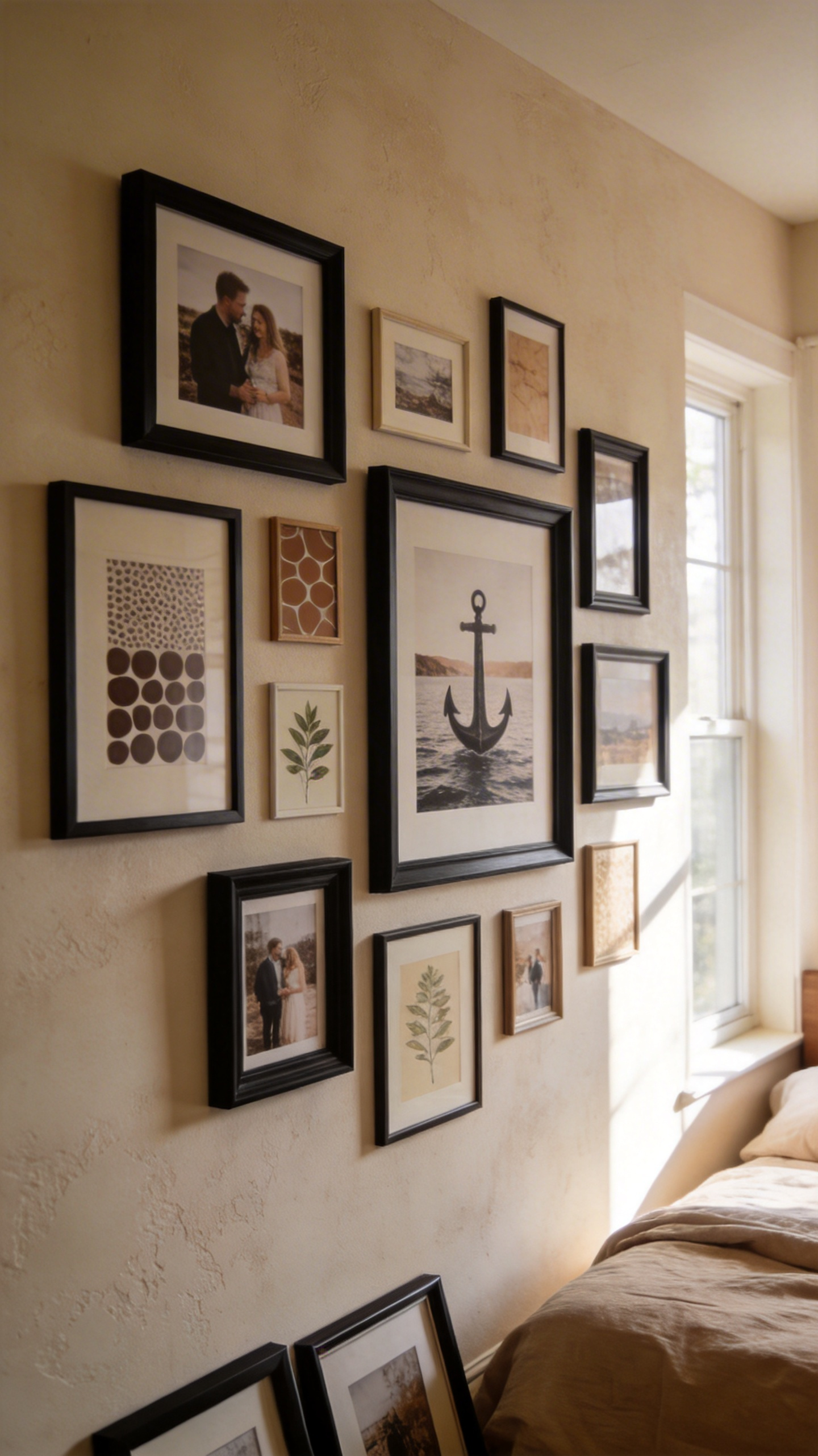 A gallery wall built around personal photos and anchor prints creates narrative density in a bedroom — one of the most intimate cozy bedroom decor ideas for making a space feel genuinely inhabited.