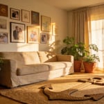 A fully realised apartment living room decoration bringing together anchor rugs, layered lighting, gallery walls, and cohesive colour — proof that rental spaces can look genuinely designed.